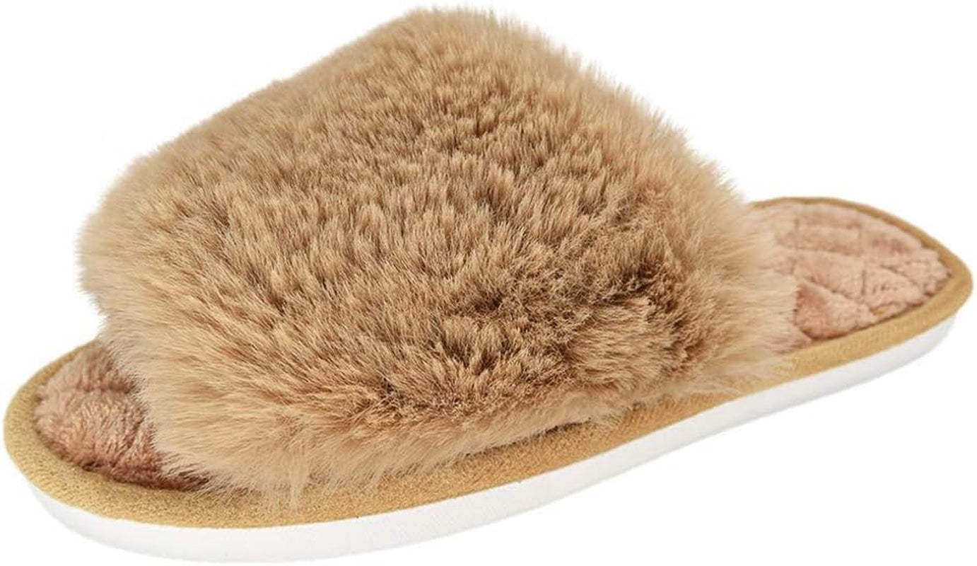 Cozy Fuzzy Fur Open Toe Slippers - Soft Memory Foam Slides for Indoor & Outdoor Comfort