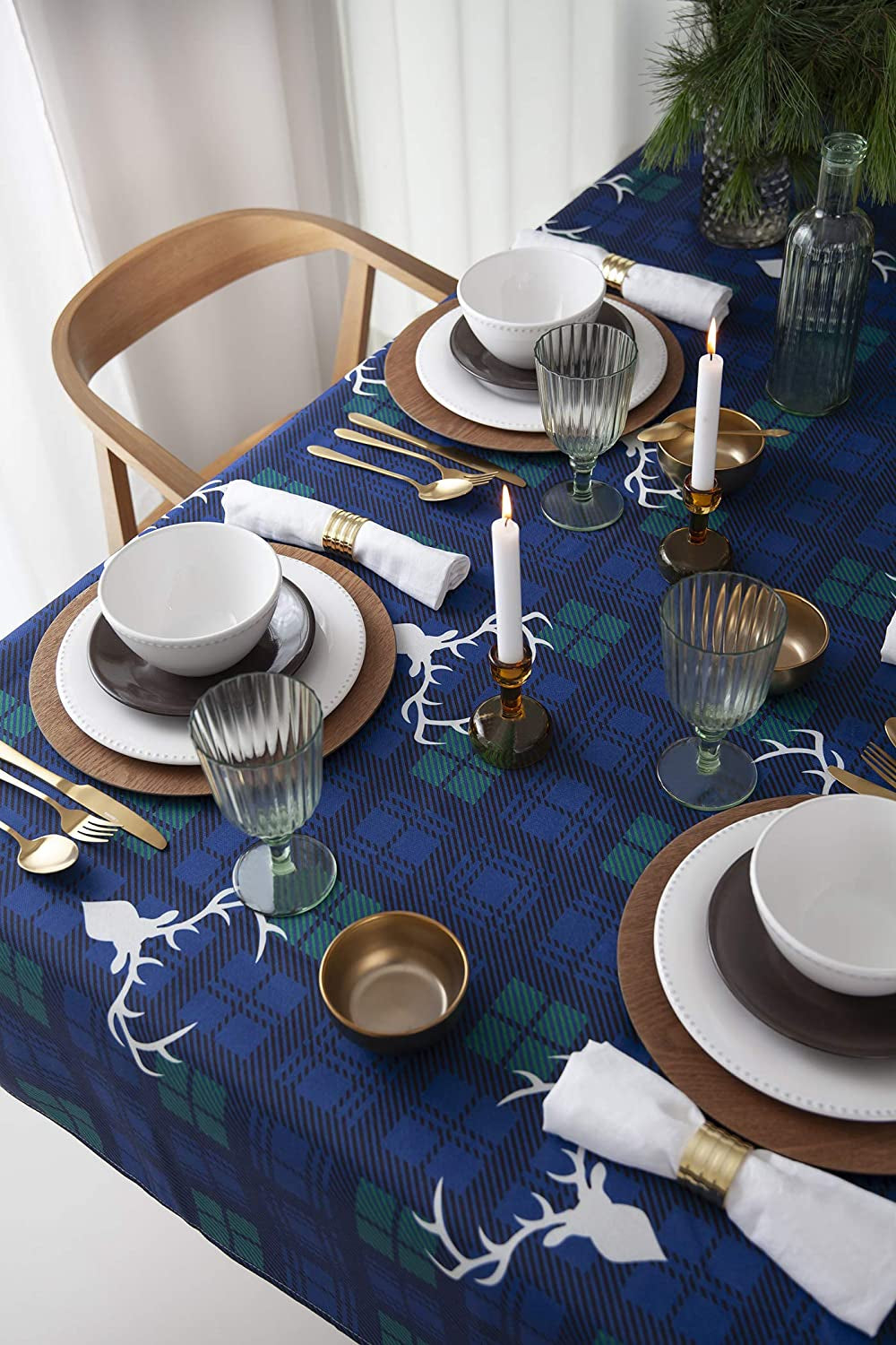 Festive Blue Tartan Christmas Tablecloth - Classic Design for Holiday Gatherings (59" x 86")