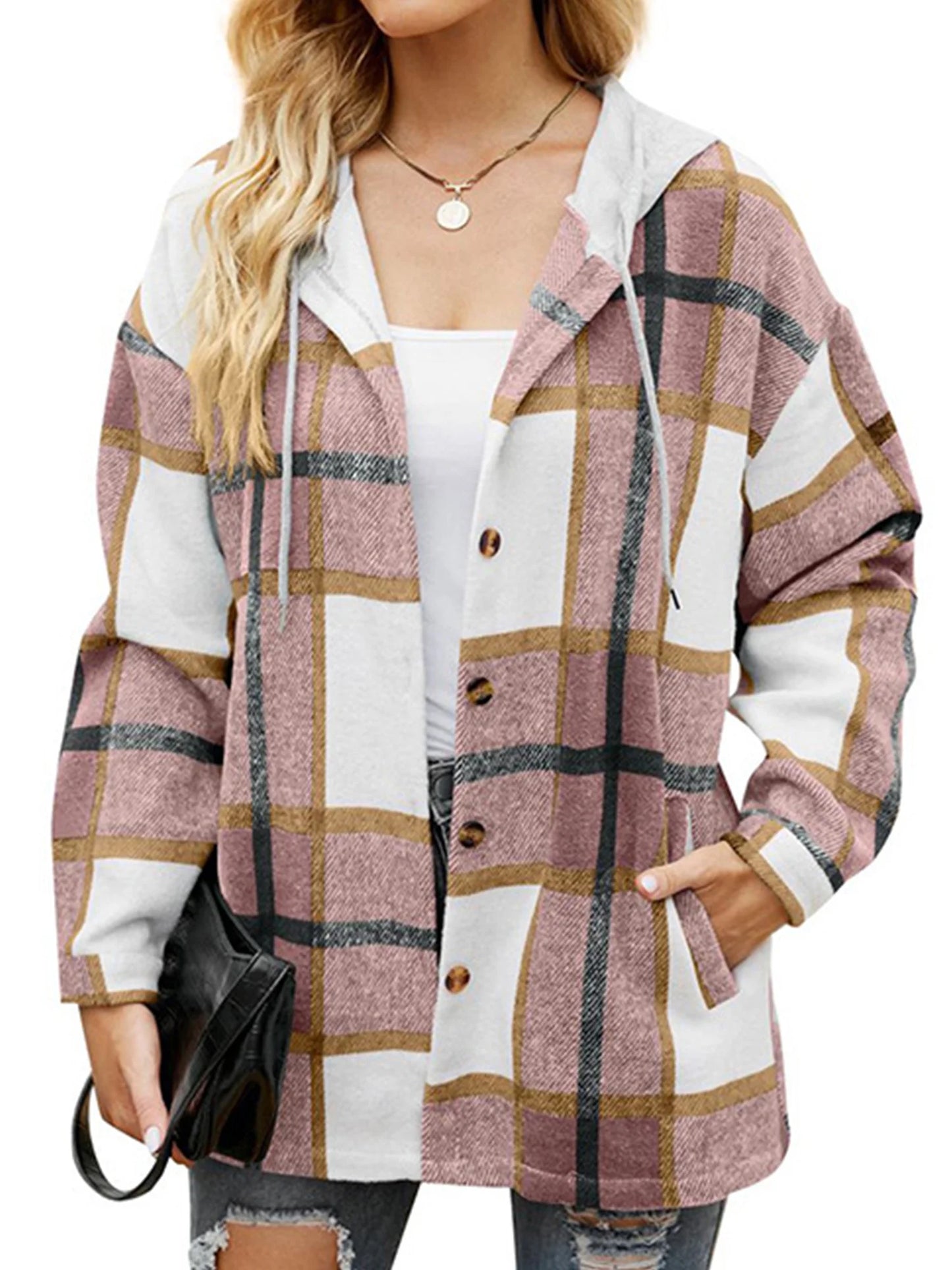 Chic Women's Flannel Hooded Shacket - Cozy Plaid Button-Down with Pocket for Ultimate Comfort