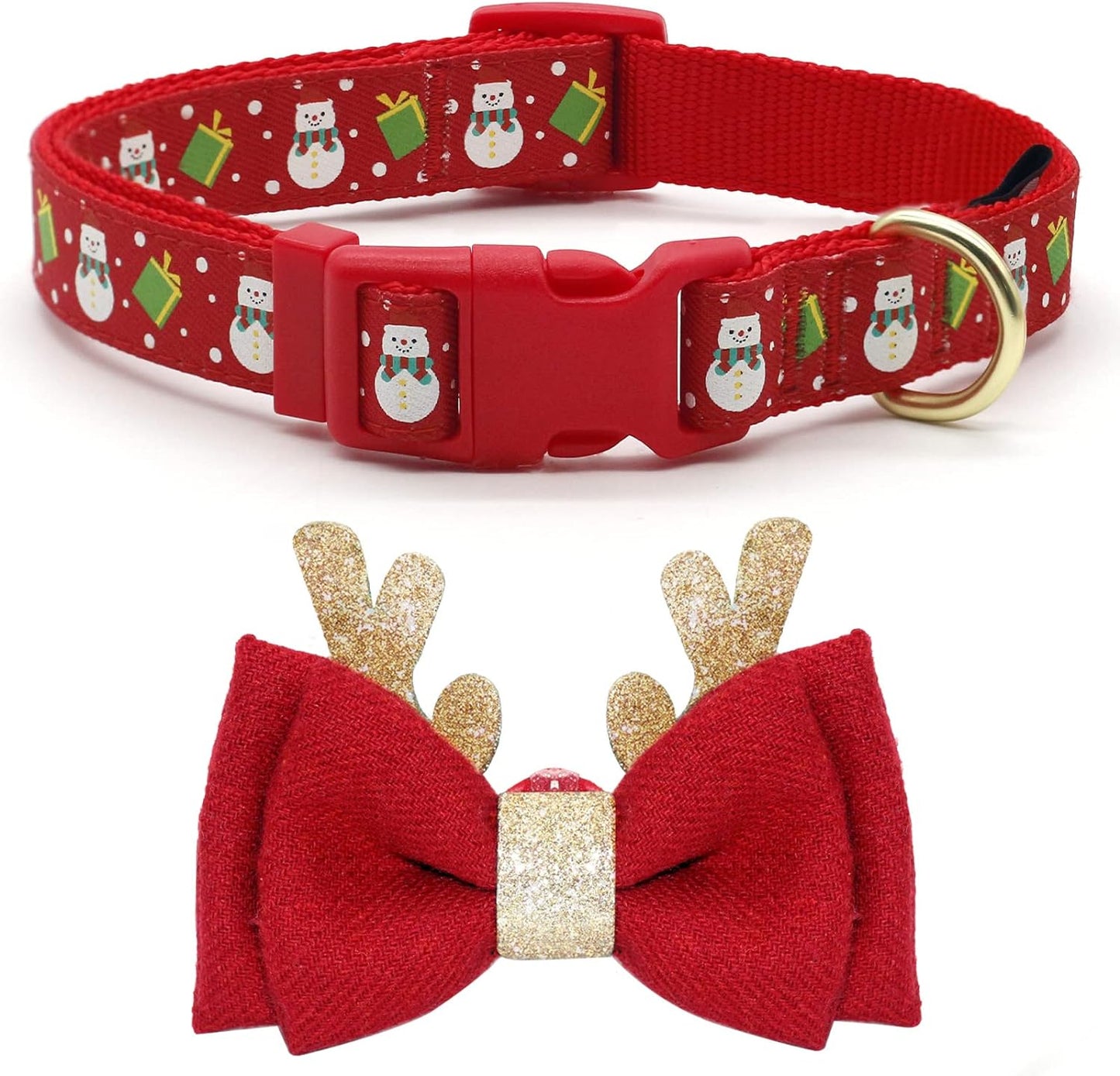 Festive Adjustable Christmas Dog Collar with Antler Bow Tie & Snowman Design for Medium Dogs