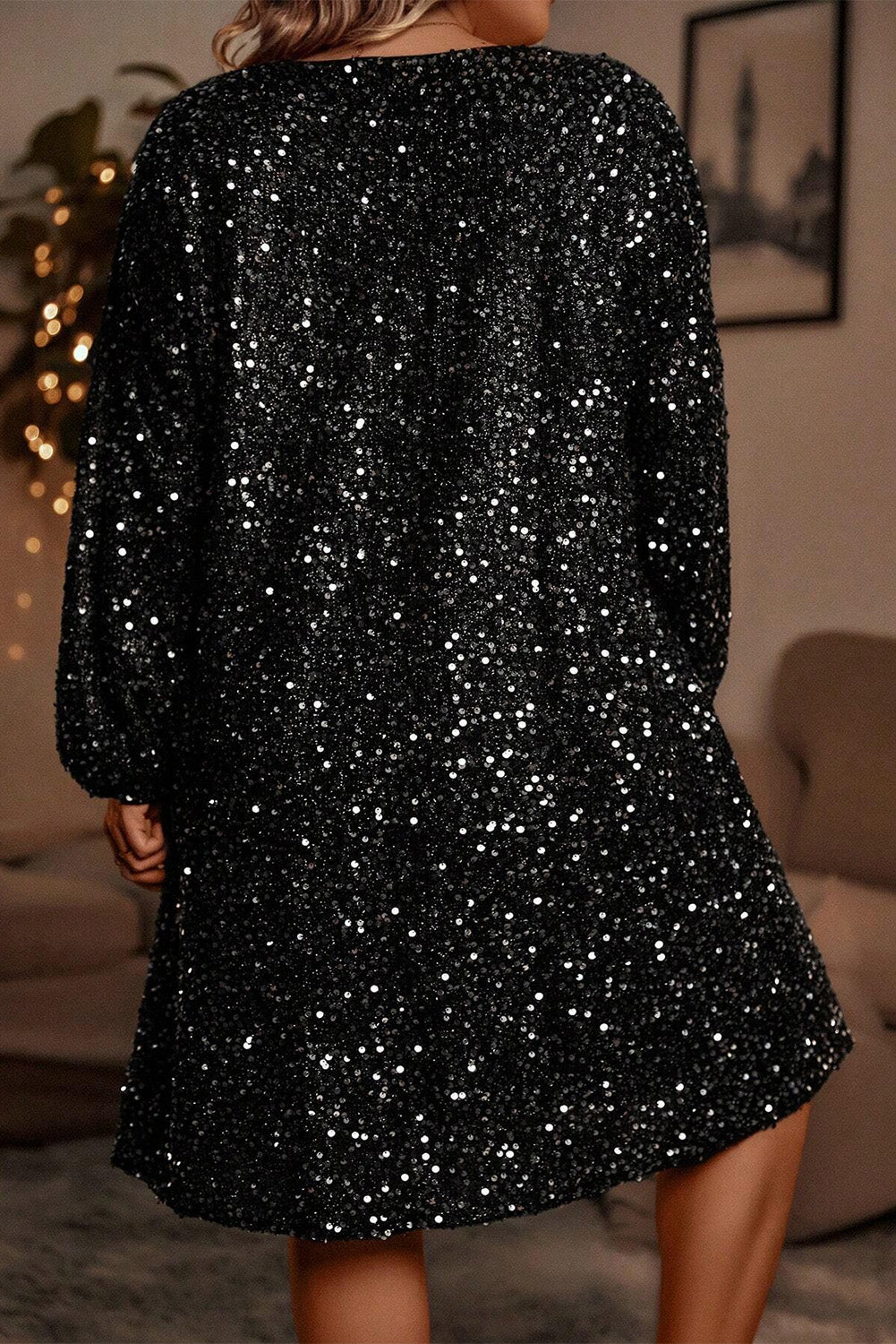 Color black Plus Size Bubble Sleeve V Neck Sequin Dress