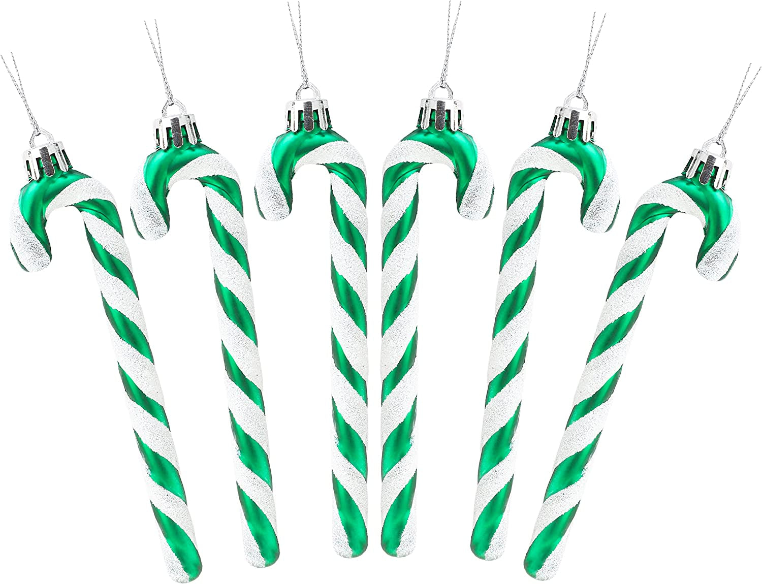 Emerald Green Glitter Candy Cane Christmas Tree Ornaments - Pack of 6 (13cm)