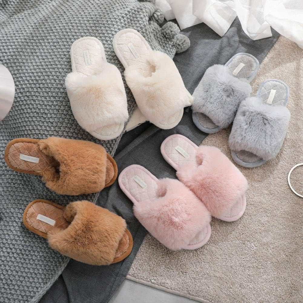 Cozy Fuzzy Fur Open Toe Slippers - Soft Memory Foam Slides for Indoor & Outdoor Comfort