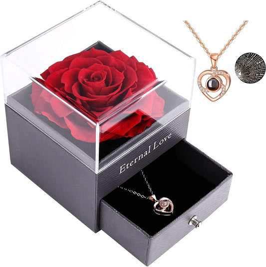 Preserved Real Rose Gift Set with "I Love You" Necklace in 100 Languages - Enchanted Red Rose for Valentine's Day, Anniversary, and Romantic Occasions