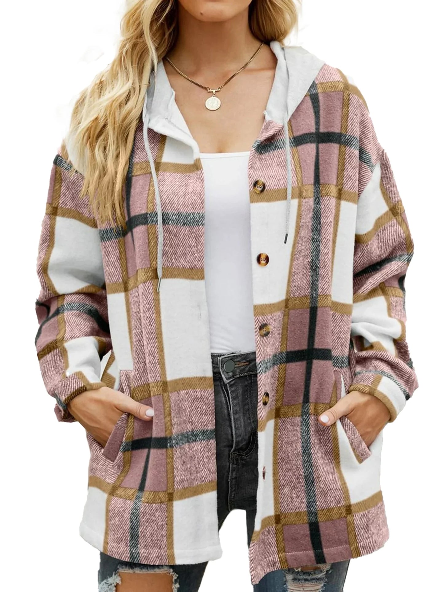 Chic Women's Flannel Hooded Shacket - Cozy Plaid Button-Down with Pocket for Ultimate Comfort