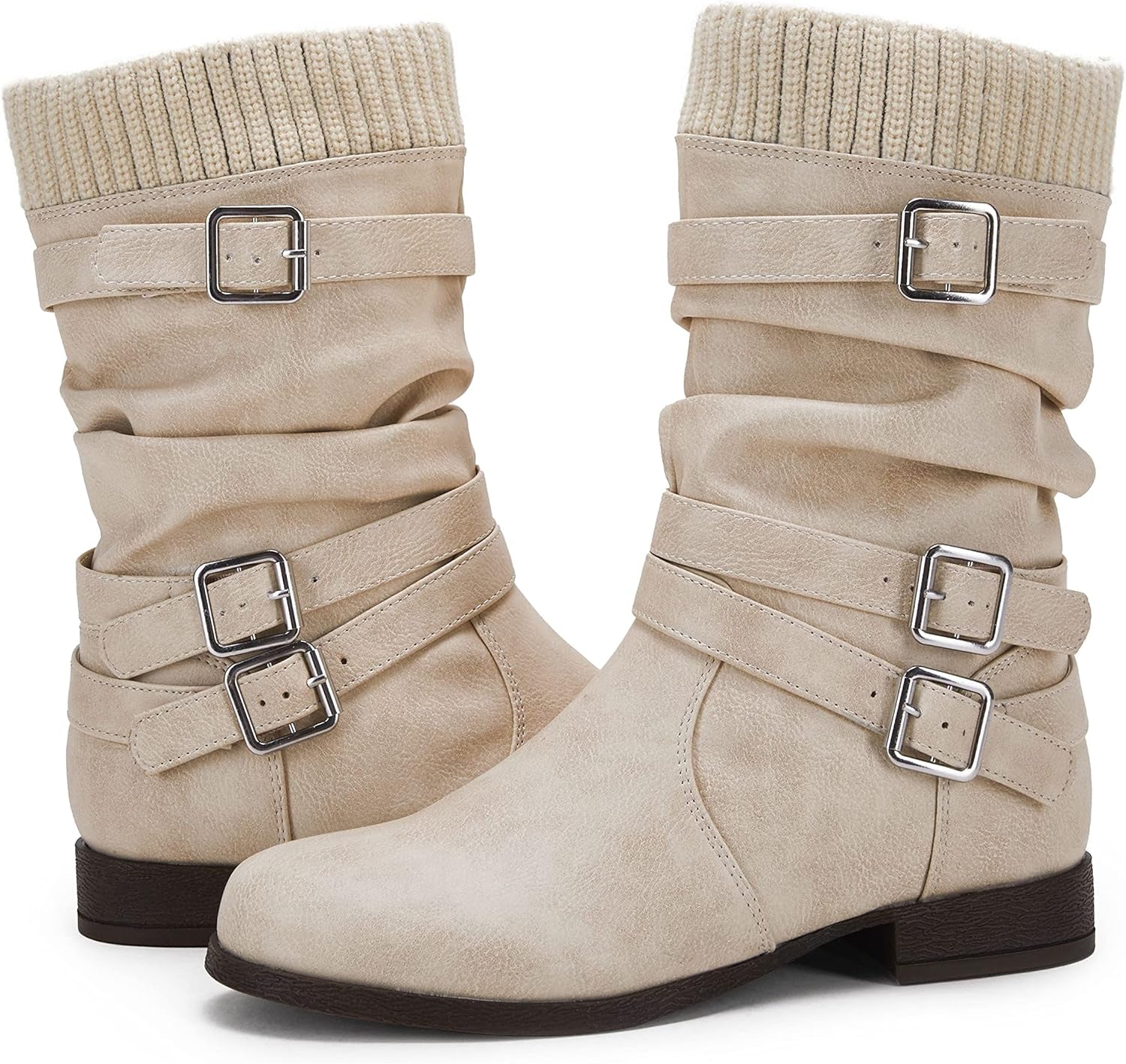 Chic Women's Slouchy Mid Calf Buckle Strap Booties - Faux Leather Winter Riding Boots with Low Chunky Heel