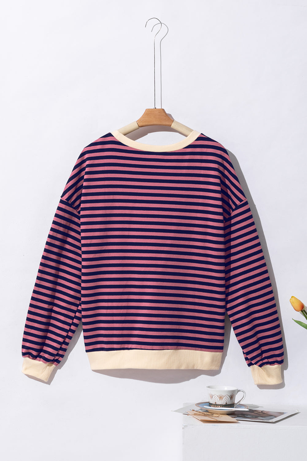 Red Stripe Oversized Contrast Trim Pullover Sweatshirt