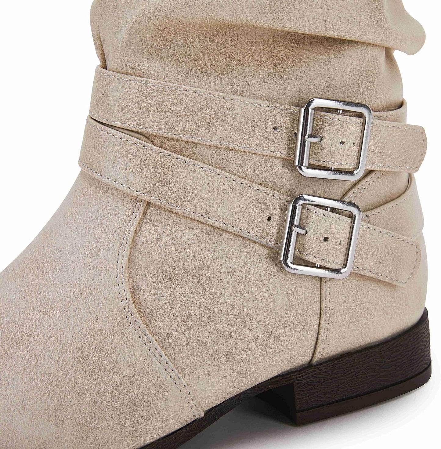 Chic Women's Slouchy Mid Calf Buckle Strap Booties - Faux Leather Winter Riding Boots with Low Chunky Heel