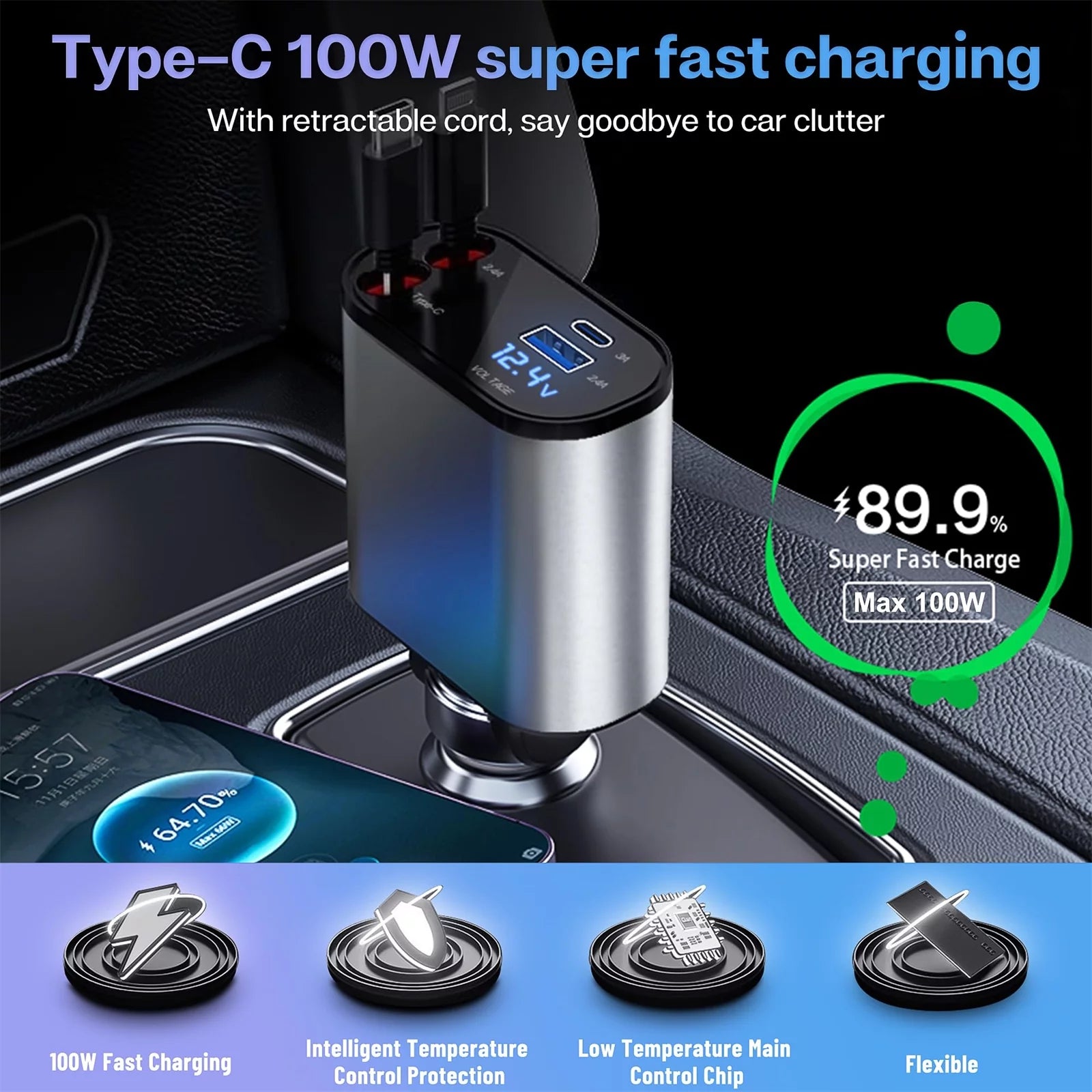 Ultimate 4-in-1 Fast Car Charger - 100W Retractable Adapter with iPhone & Type C Cables and Dual Charging Ports