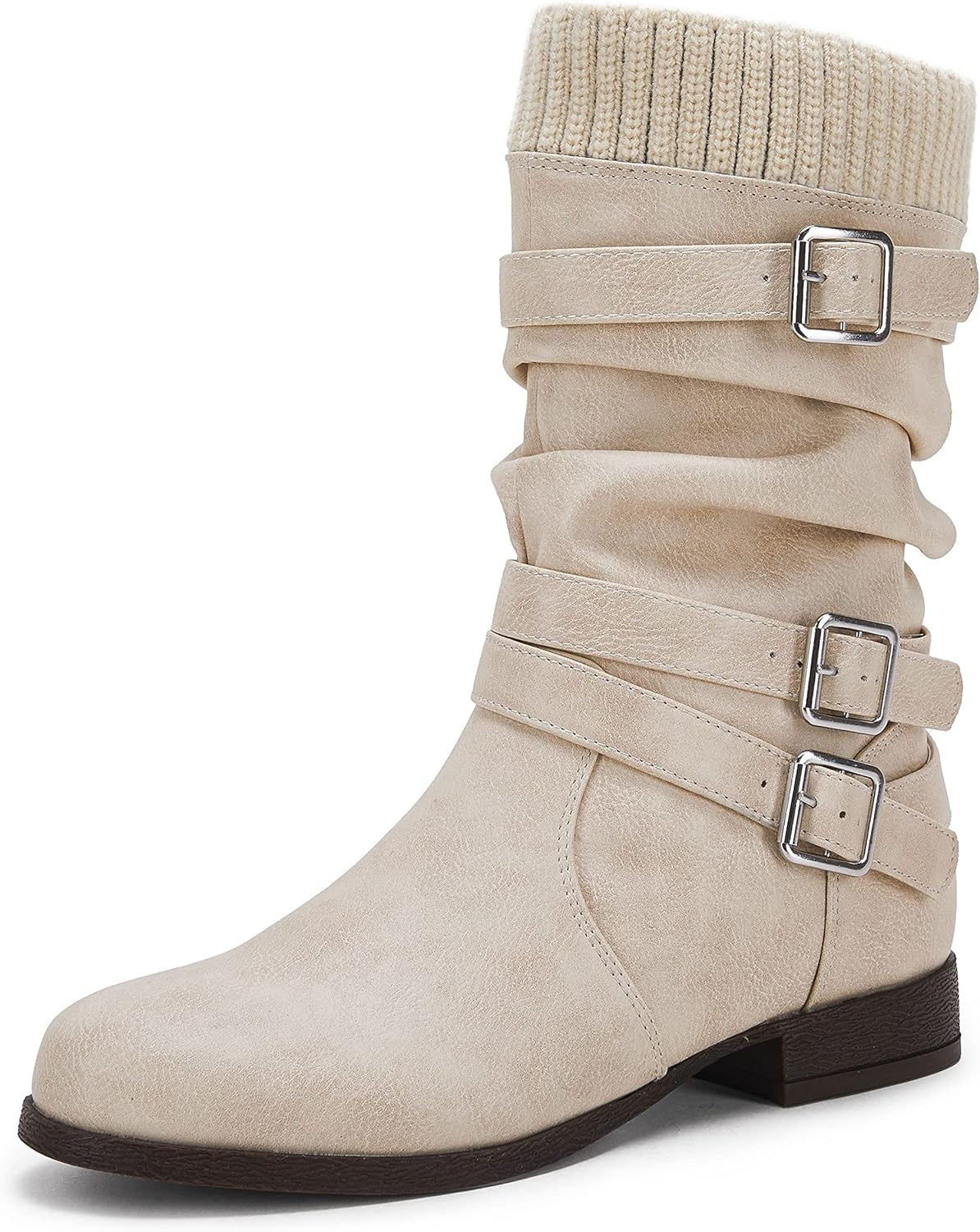 Chic Women's Slouchy Mid Calf Buckle Strap Booties - Faux Leather Winter Riding Boots with Low Chunky Heel