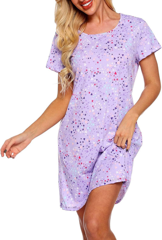 Nightgown for Women Cotton Short Sleeve Nightshirts Casual Print Sleepwear