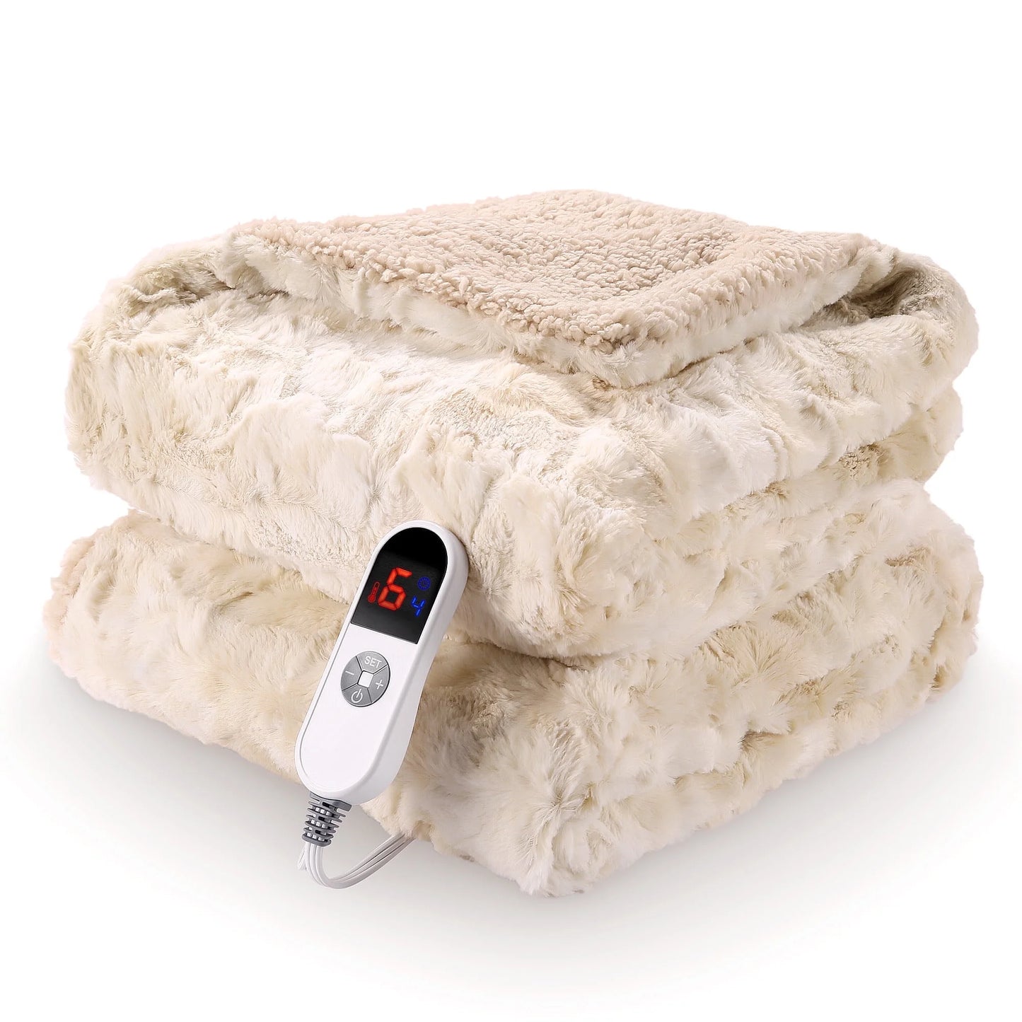 Luxurious Faux Fur Electric Throw Blanket - 50" x 60", Adjustable Heat Levels, Large LED Display, Timer, Machine Washable - Stylish Tie-Dye Off White