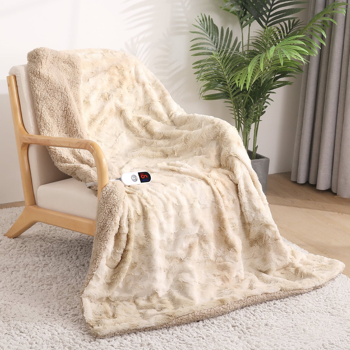 Luxurious Faux Fur Electric Throw Blanket - 50" x 60", Adjustable Heat Levels, Large LED Display, Timer, Machine Washable - Stylish Tie-Dye Off White