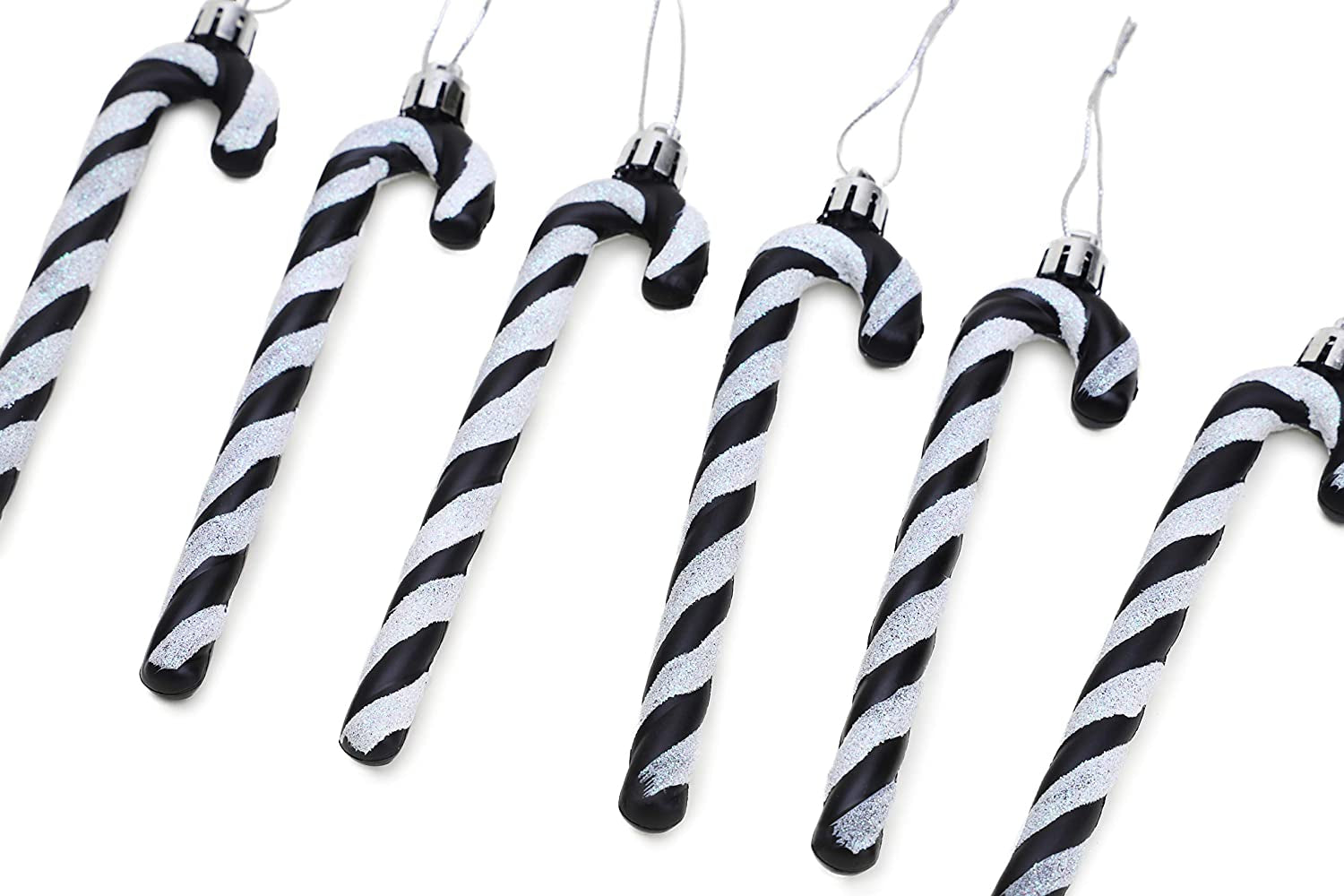 Stylish Black & White Glitter Candy Cane Christmas Tree Decorations - Pack of 6 (13cm)