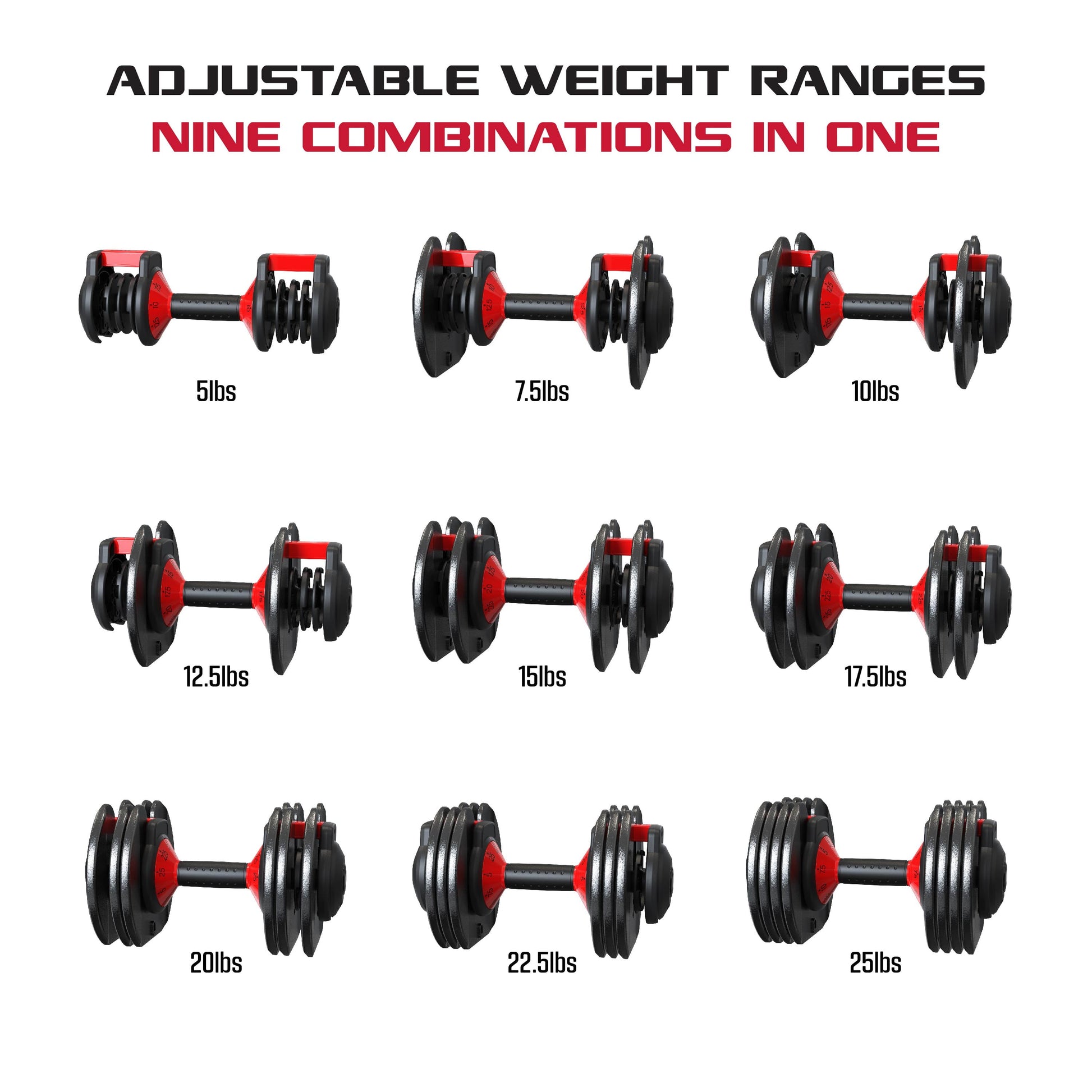 Smartbell 25 lbs Adjustable Dumbbell - 9-in-1 Versatile Home Gym Solution with Quick-Select 2.5 lbs Increments