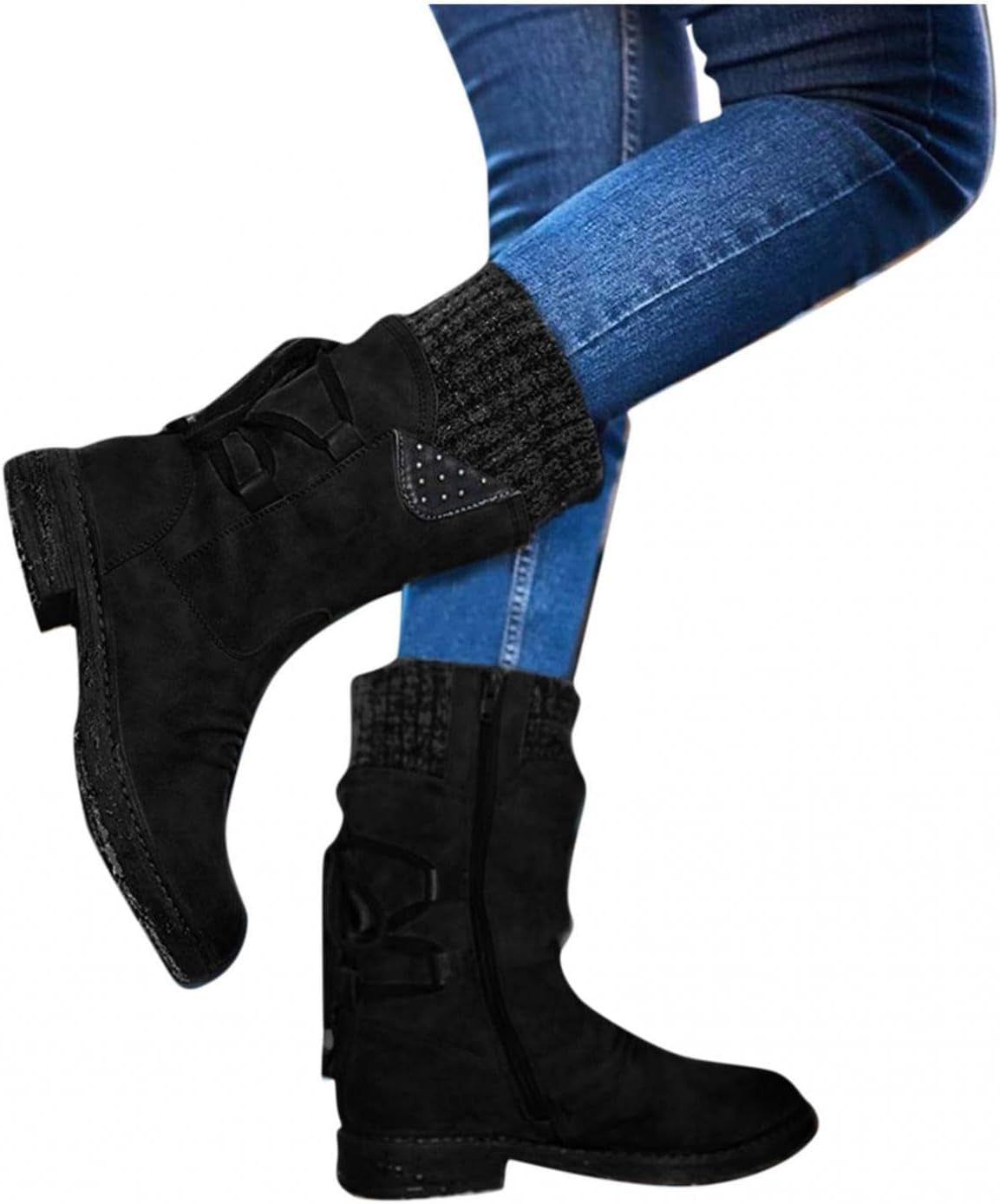 Women's Low Heel Faux Fur Ankle Boots with Zipper - Retro Lace-Up Design for Outdoor Walking in Snowy Winter Conditions