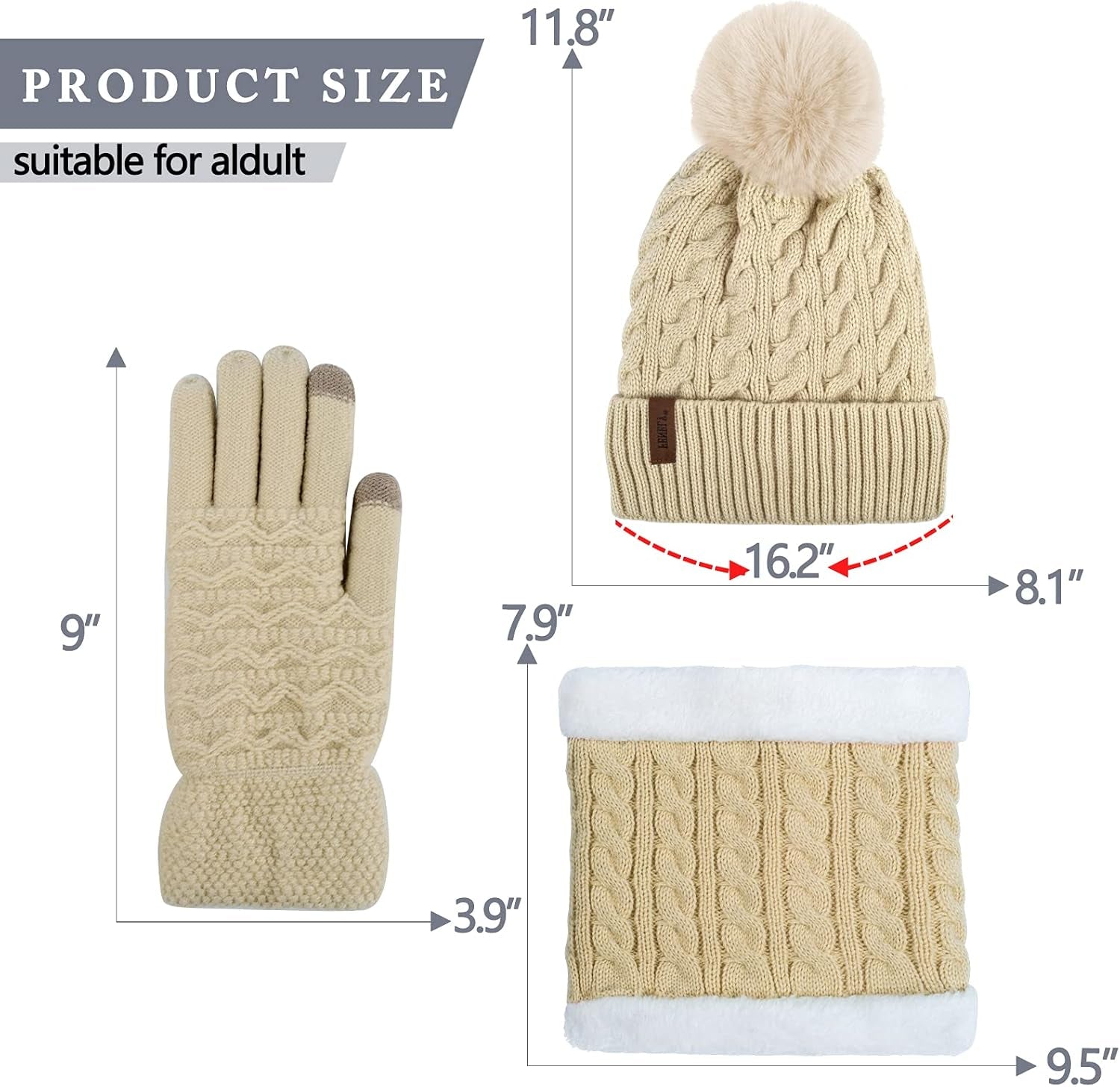 Winter Women's 3-Piece Beanie Hat, Scarf, and Touchscreen Gloves Set - Classic Knit, Warm Chunky Fleece-Lined Cable Cap