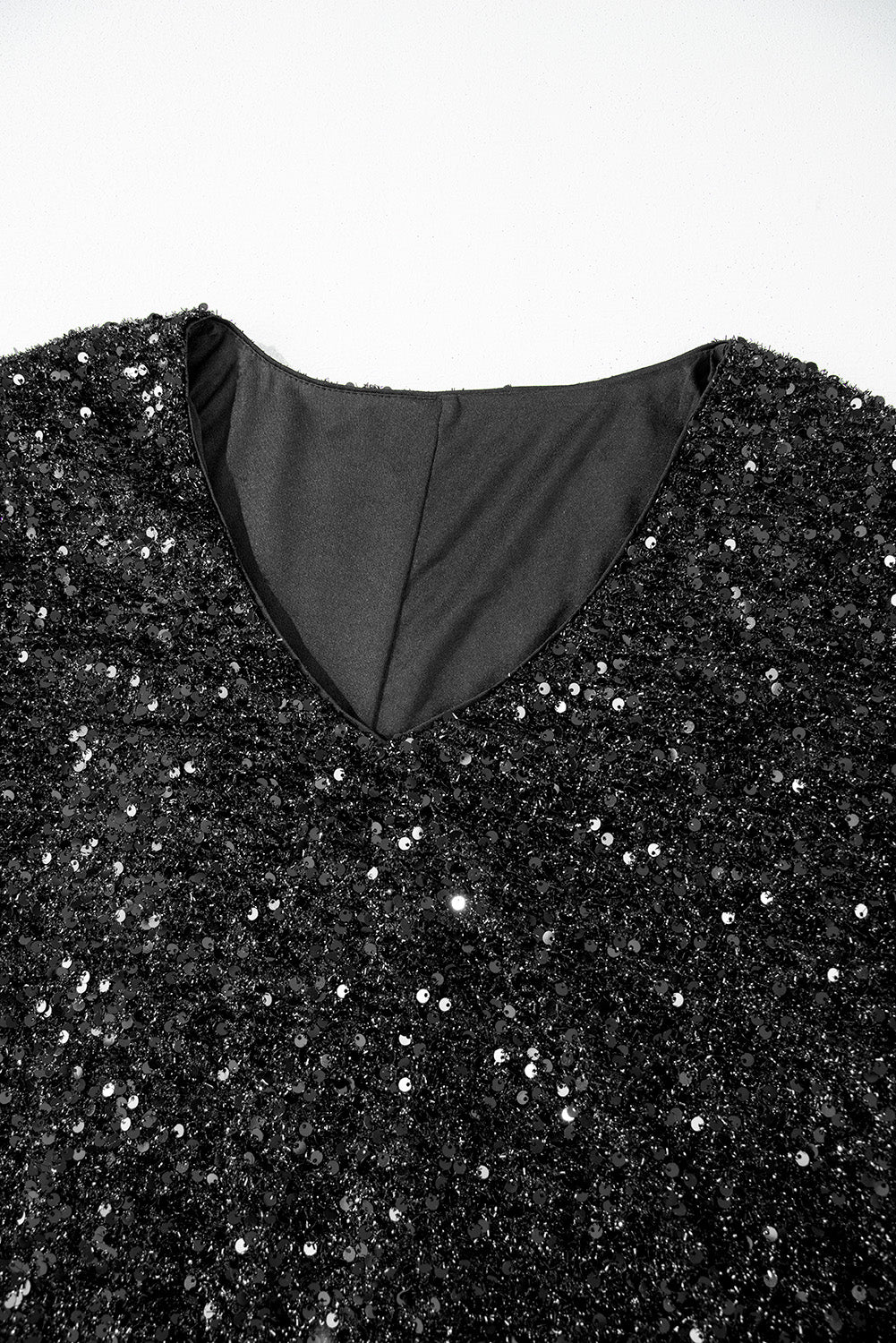 Color black Plus Size Bubble Sleeve V Neck Sequin Dress