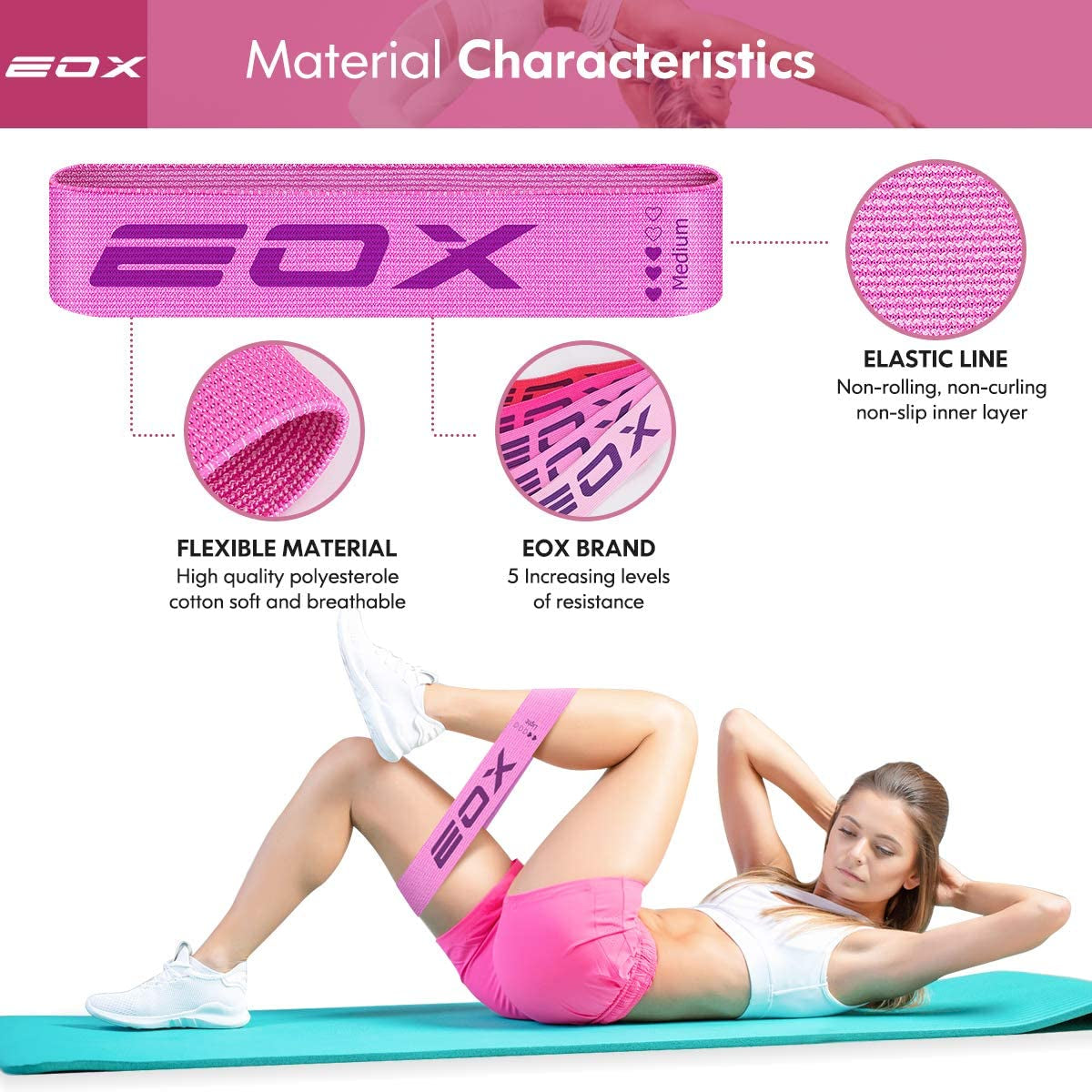 Professional Resistance Fabric Loop Bands for Leg and Glute Training - Non-Slip Workout Bands with 5 Resistance Levels (Pink)