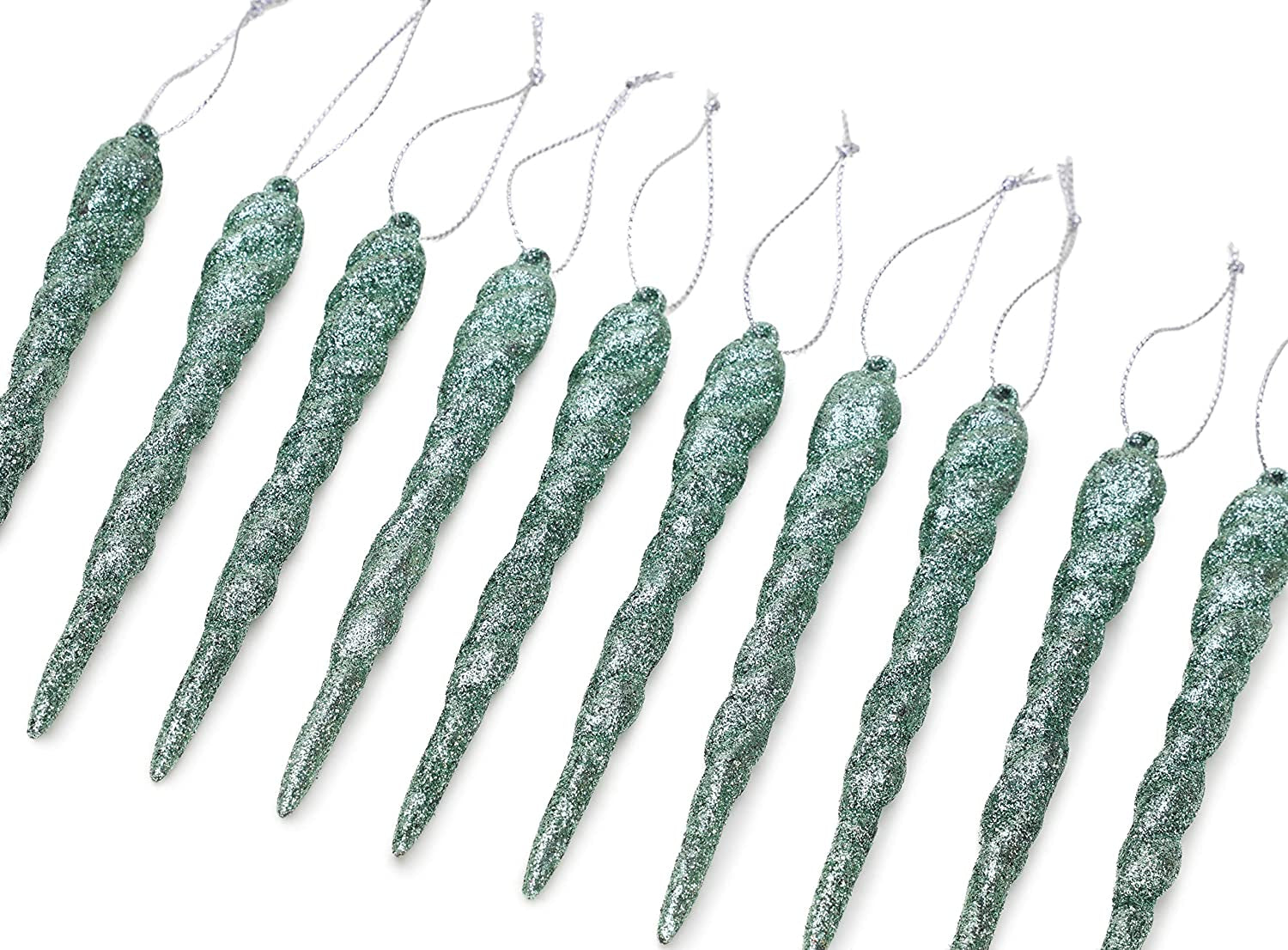 Luxury Mint Green Glitter Icicle Decorations - 12cm Christmas Tree Trims, Pack of 20