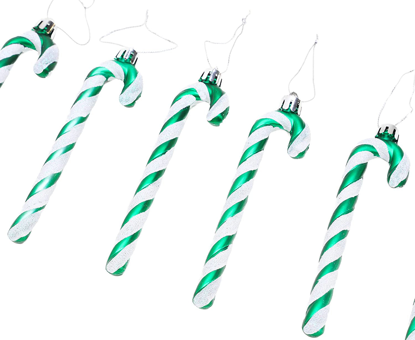 Emerald Green Glitter Candy Cane Christmas Tree Ornaments - Pack of 6 (13cm)