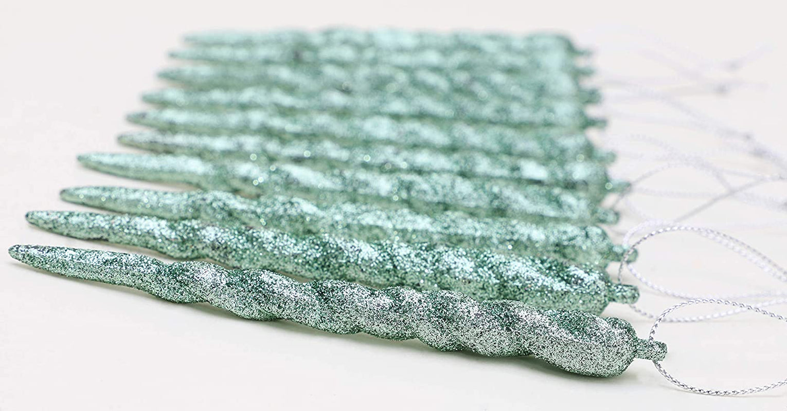 Luxury Mint Green Glitter Icicle Decorations - 12cm Christmas Tree Trims, Pack of 20