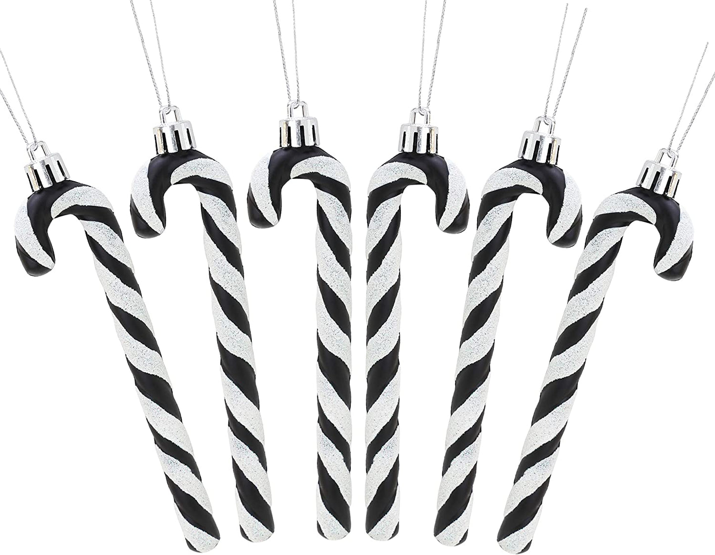 Stylish Black & White Glitter Candy Cane Christmas Tree Decorations - Pack of 6 (13cm)