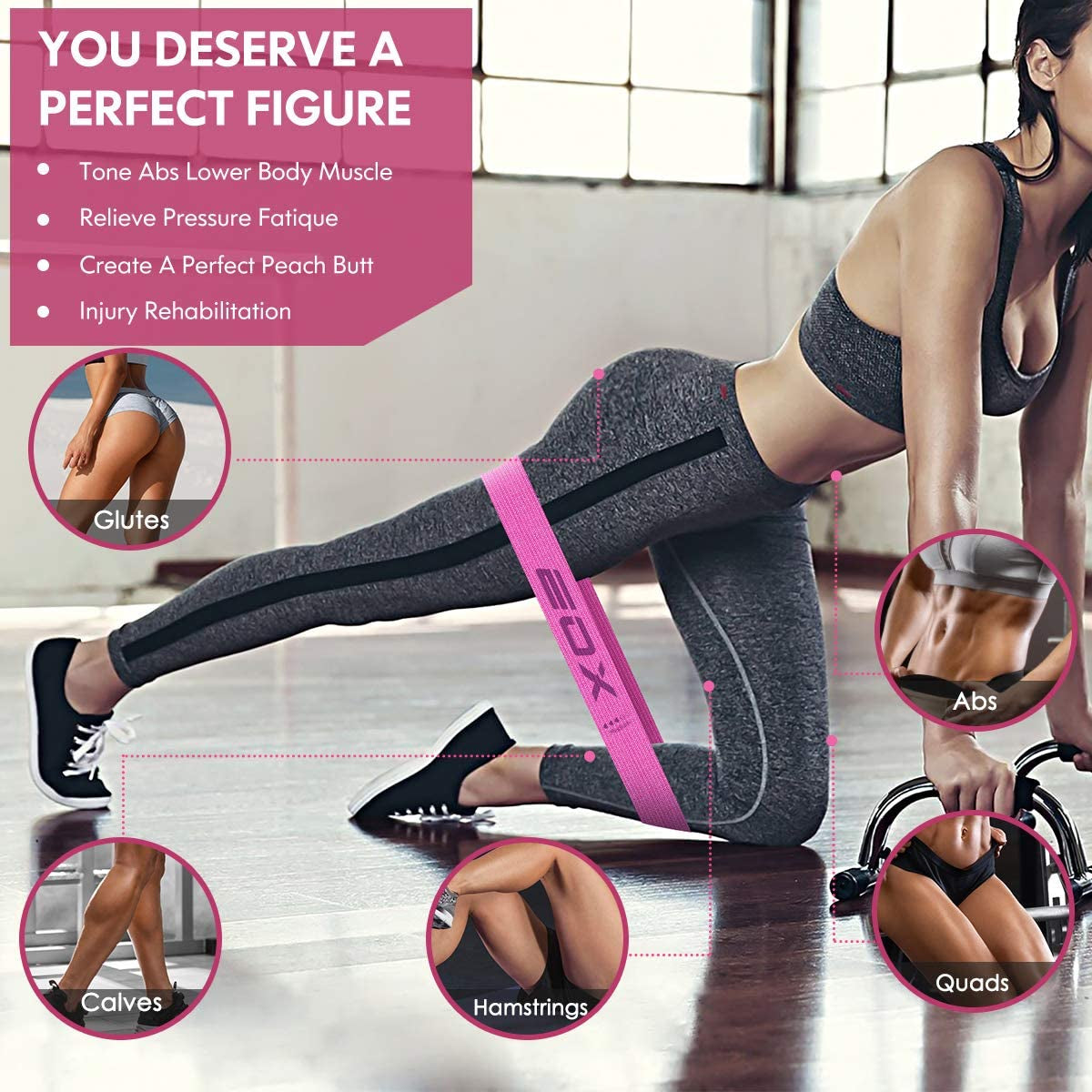 Professional Resistance Fabric Loop Bands for Leg and Glute Training - Non-Slip Workout Bands with 5 Resistance Levels (Pink)