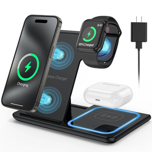 Ultimate 3-in-1 Wireless Charger Station - 18W Fast Charging for iPhone 16/15/14/13/12/11/Pro Max/Plus, Compatible with Apple Watch Series SE 10/9/8/7/6/5/4/3 & AirPods Pro/3/2 (Includes QC3.0 Adapter)