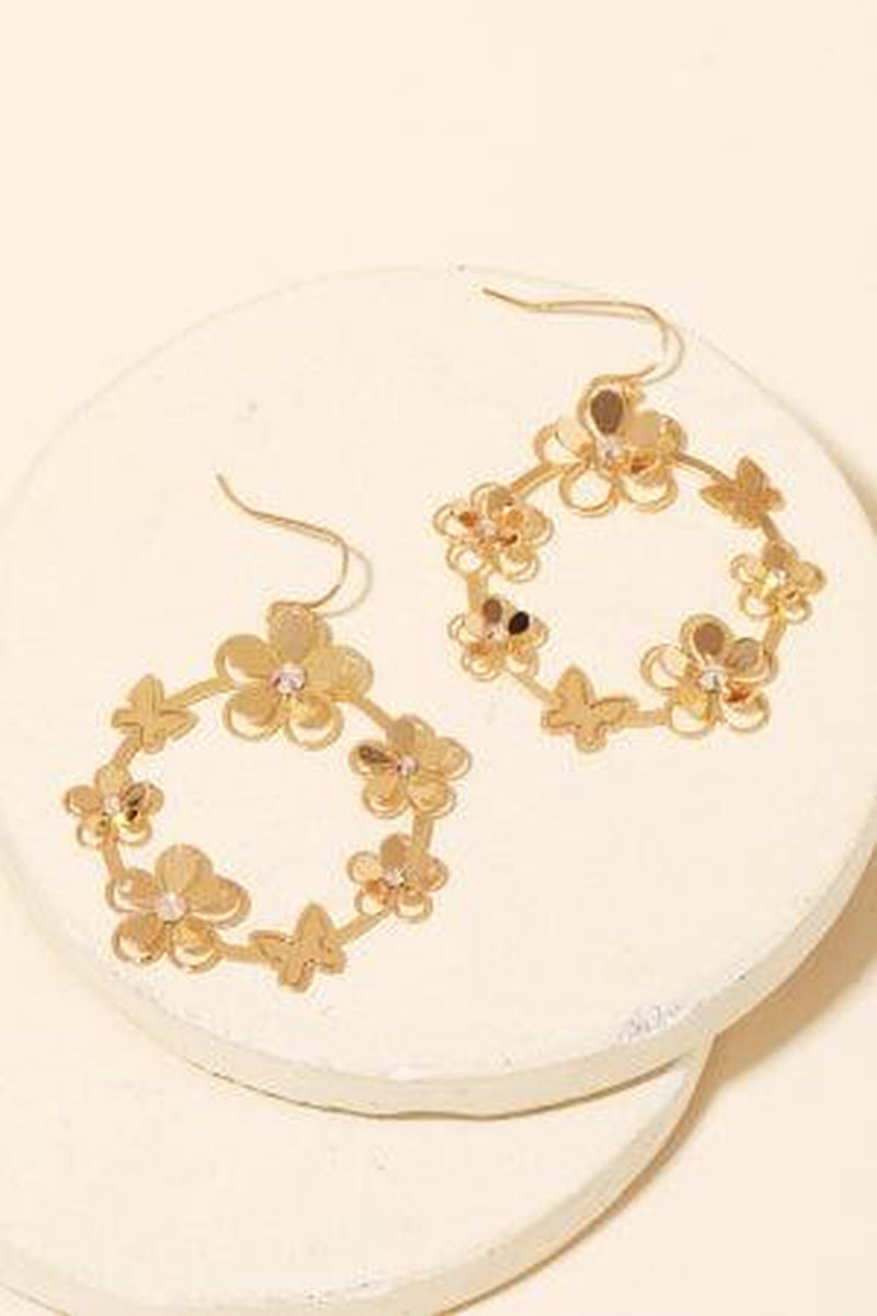 Rhinestone Filigree Earrings with Circle Flower and Butterfly Design