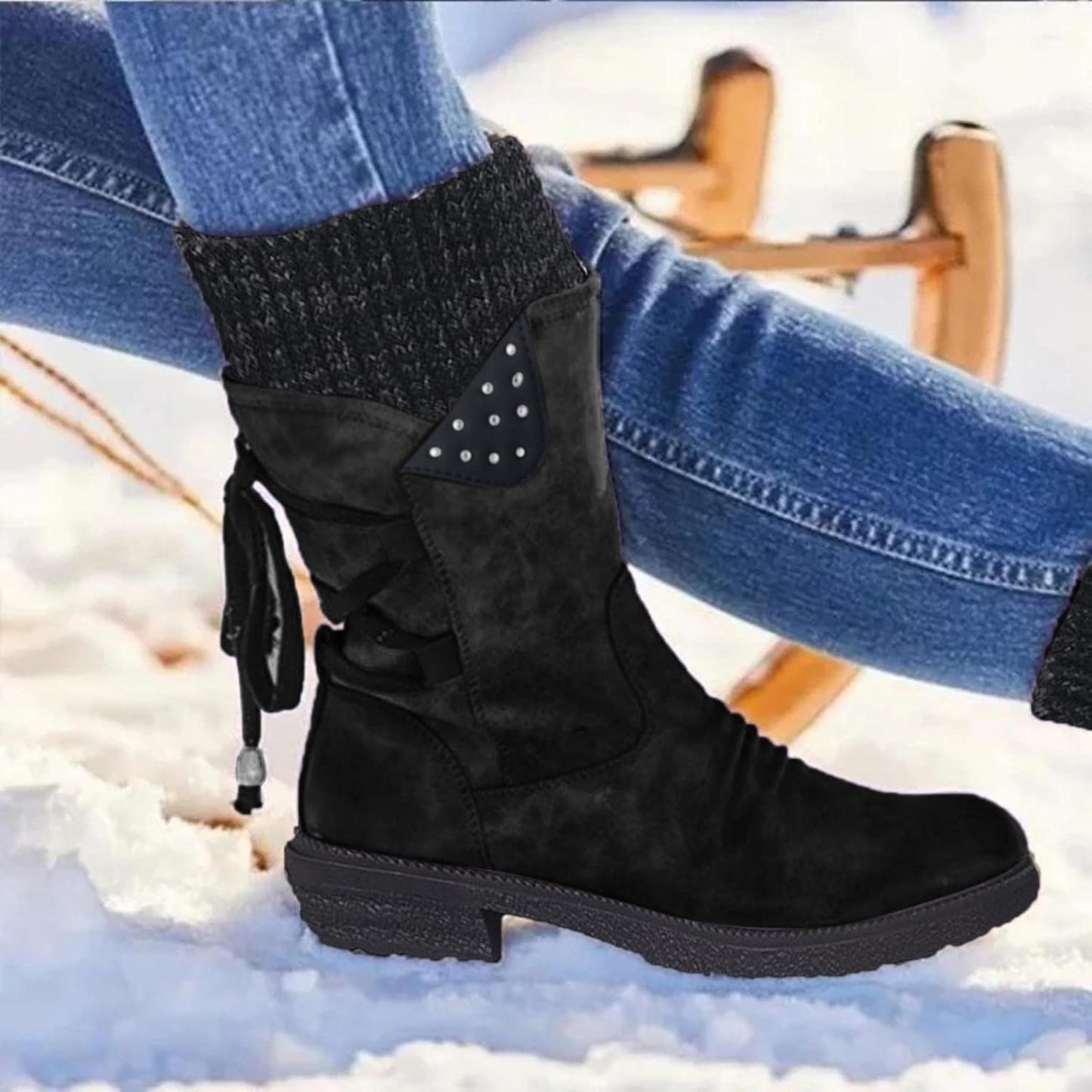 Women's Low Heel Faux Fur Ankle Boots with Zipper - Retro Lace-Up Design for Outdoor Walking in Snowy Winter Conditions