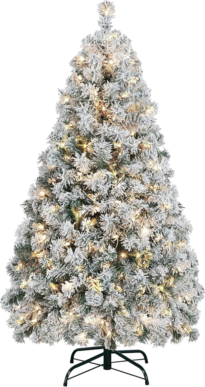 Stunning 4.5Ft Pre-Lit Snow Flocked Christmas Tree with 150 Warm White Lights & Foldable Stand - Perfect Holiday Decor!