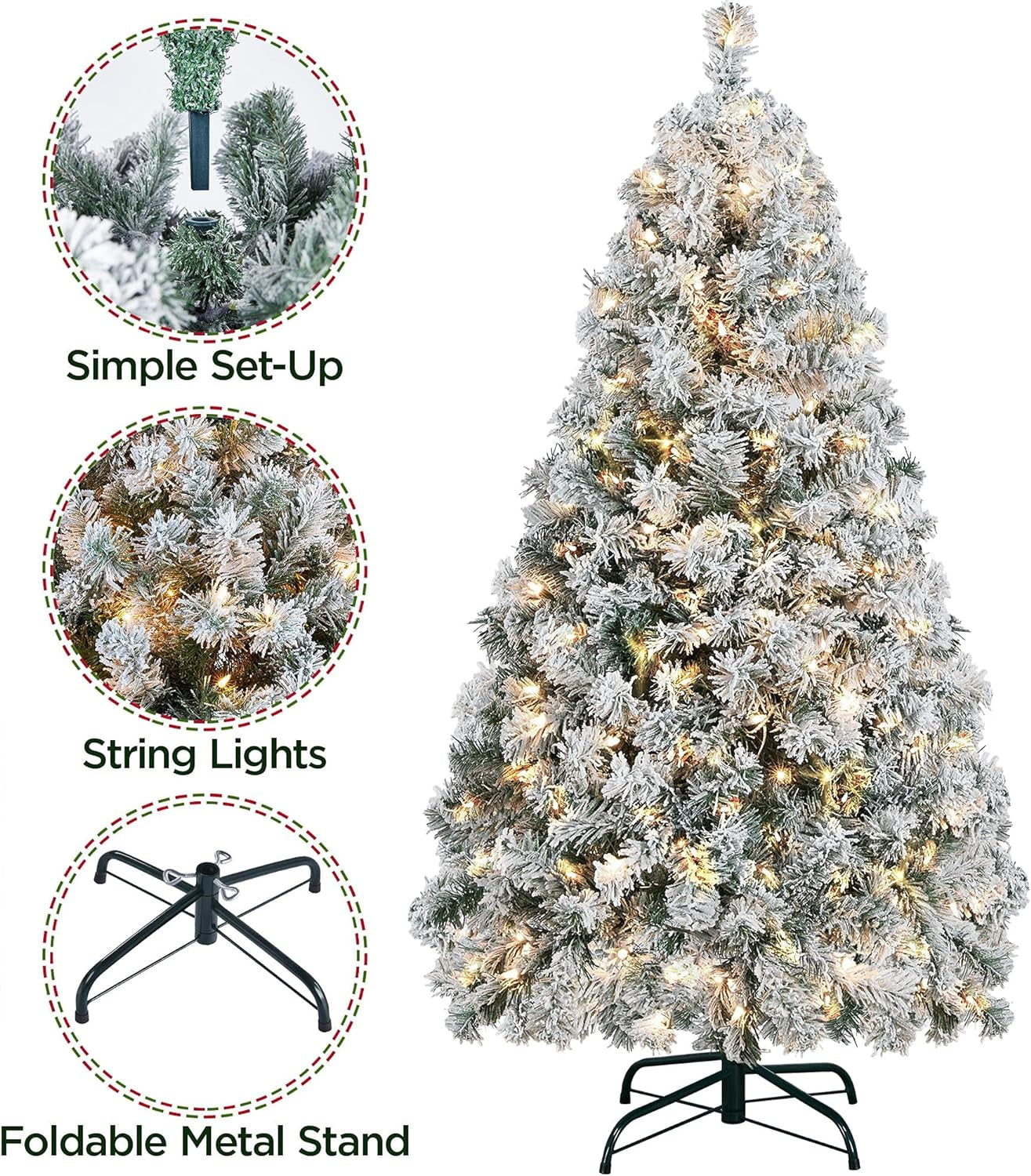 Stunning 4.5Ft Pre-Lit Snow Flocked Christmas Tree with 150 Warm White Lights & Foldable Stand - Perfect Holiday Decor!