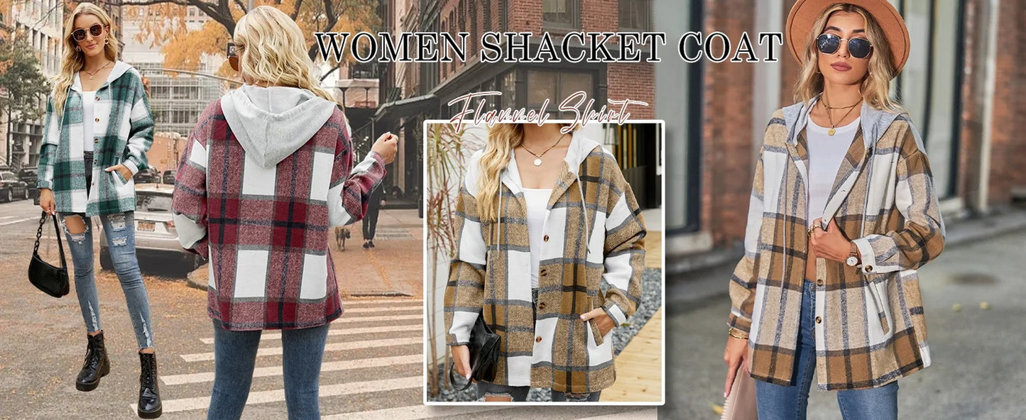 Chic Women's Flannel Hooded Shacket - Cozy Plaid Button-Down with Pocket for Ultimate Comfort