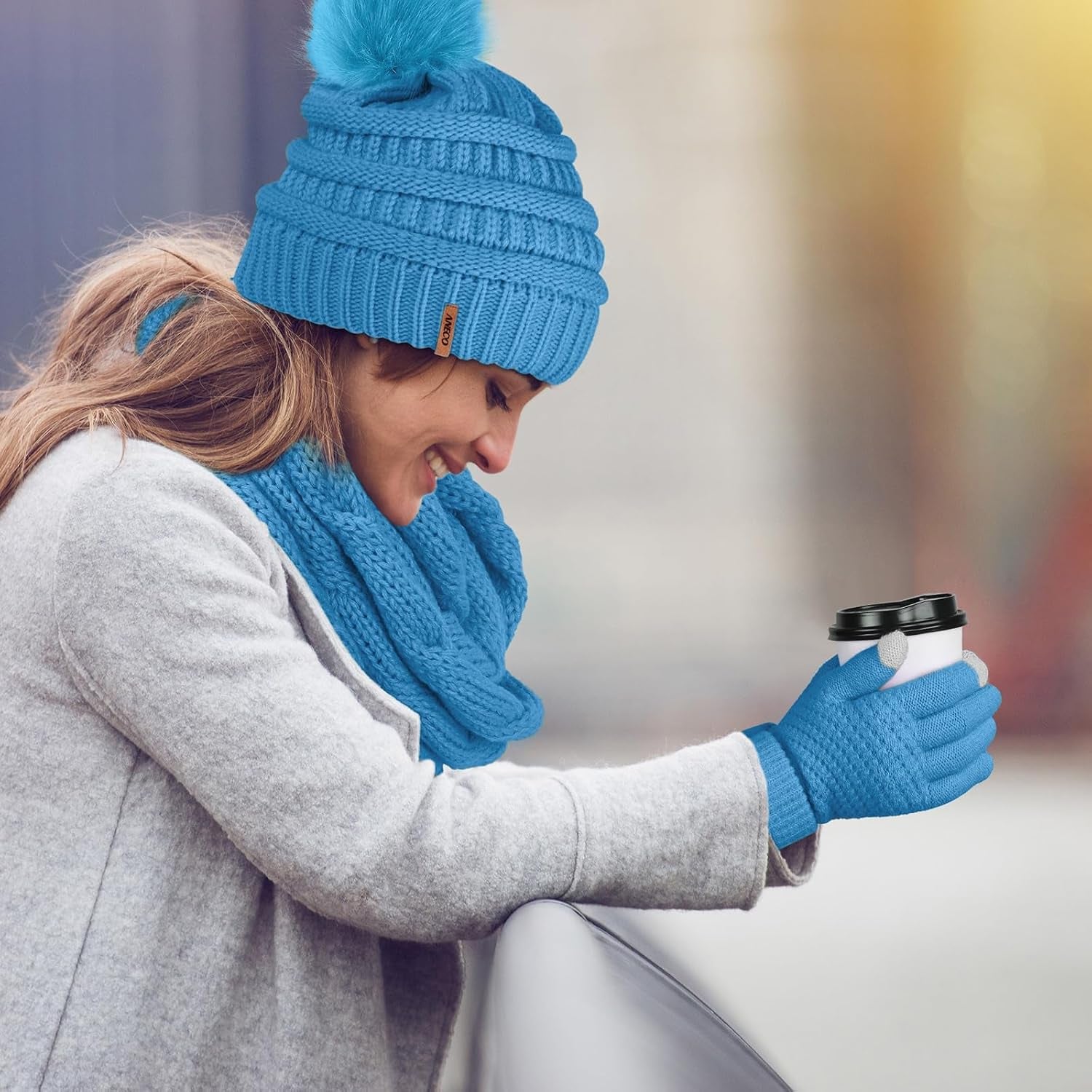 Cozy Women's Winter Set: Knitted Beanie with Fur Pompoms, Loop Scarf & Touch Screen Gloves