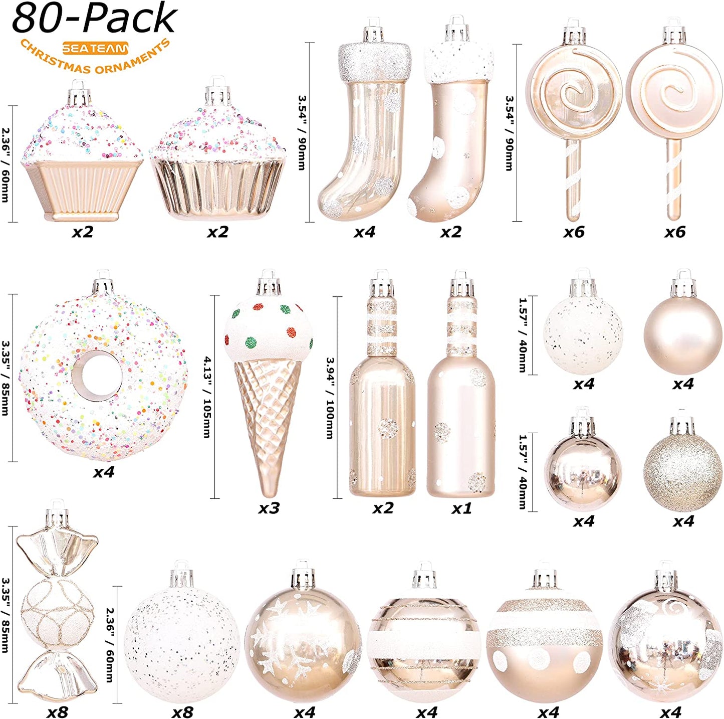 80-Piece Assorted Shatterproof Christmas Ornament Set with Reusable Gift Packaging - Champagne