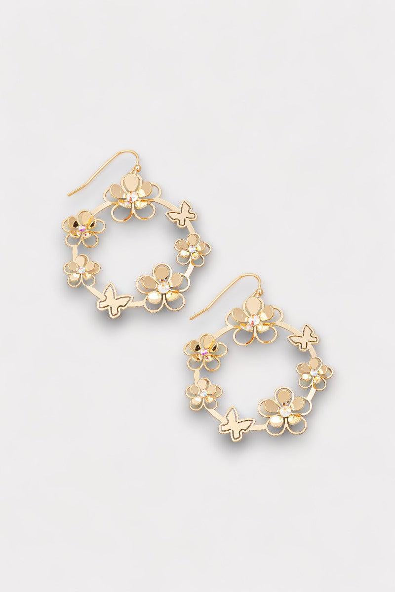 Rhinestone Filigree Earrings with Circle Flower and Butterfly Design