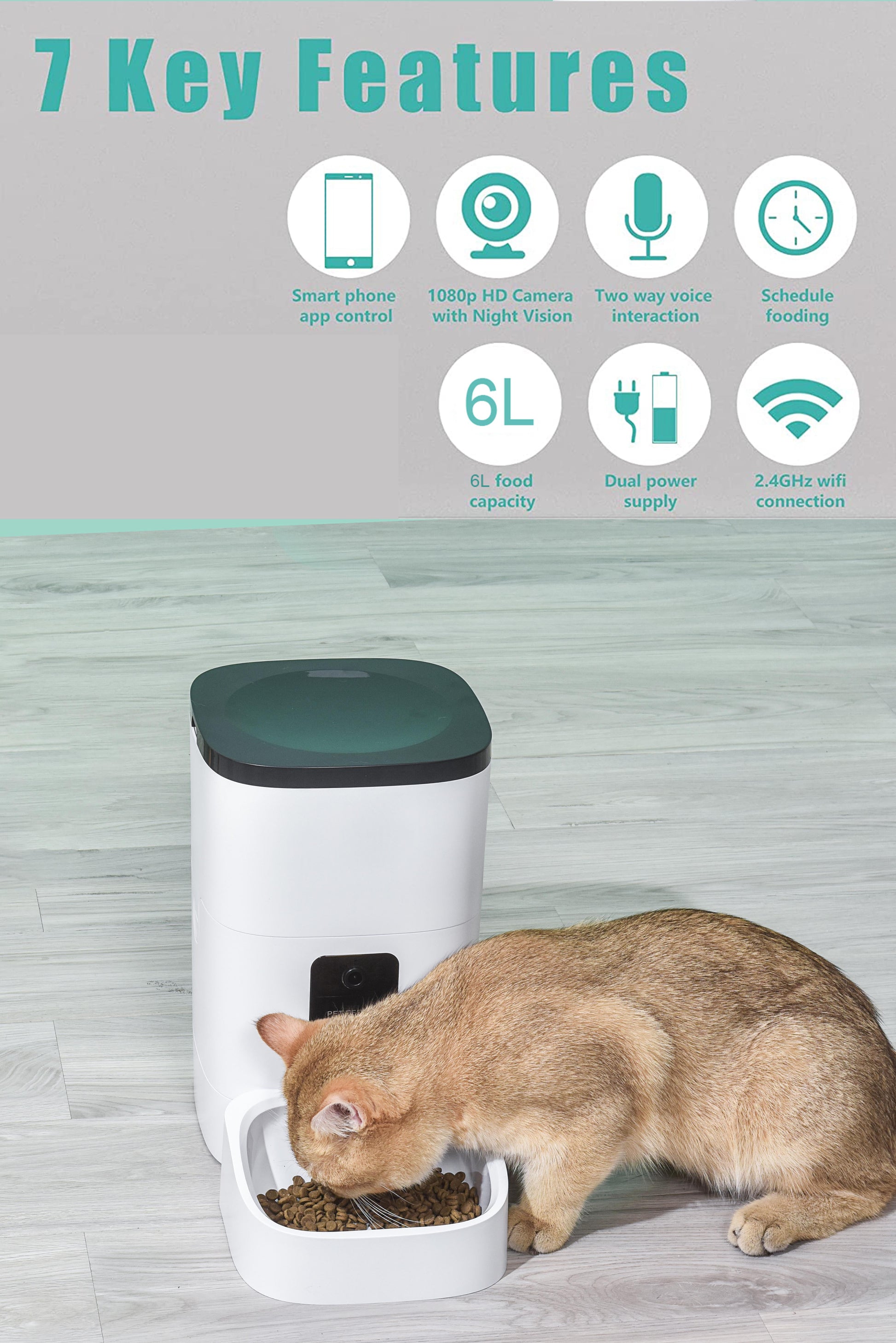 Smart 6L Automatic Pet Feeder with 1080P Camera & App Control - Timed Feeding for Cats & Dogs, Voice Recorder, Dual Power Supply, WiFi Enabled