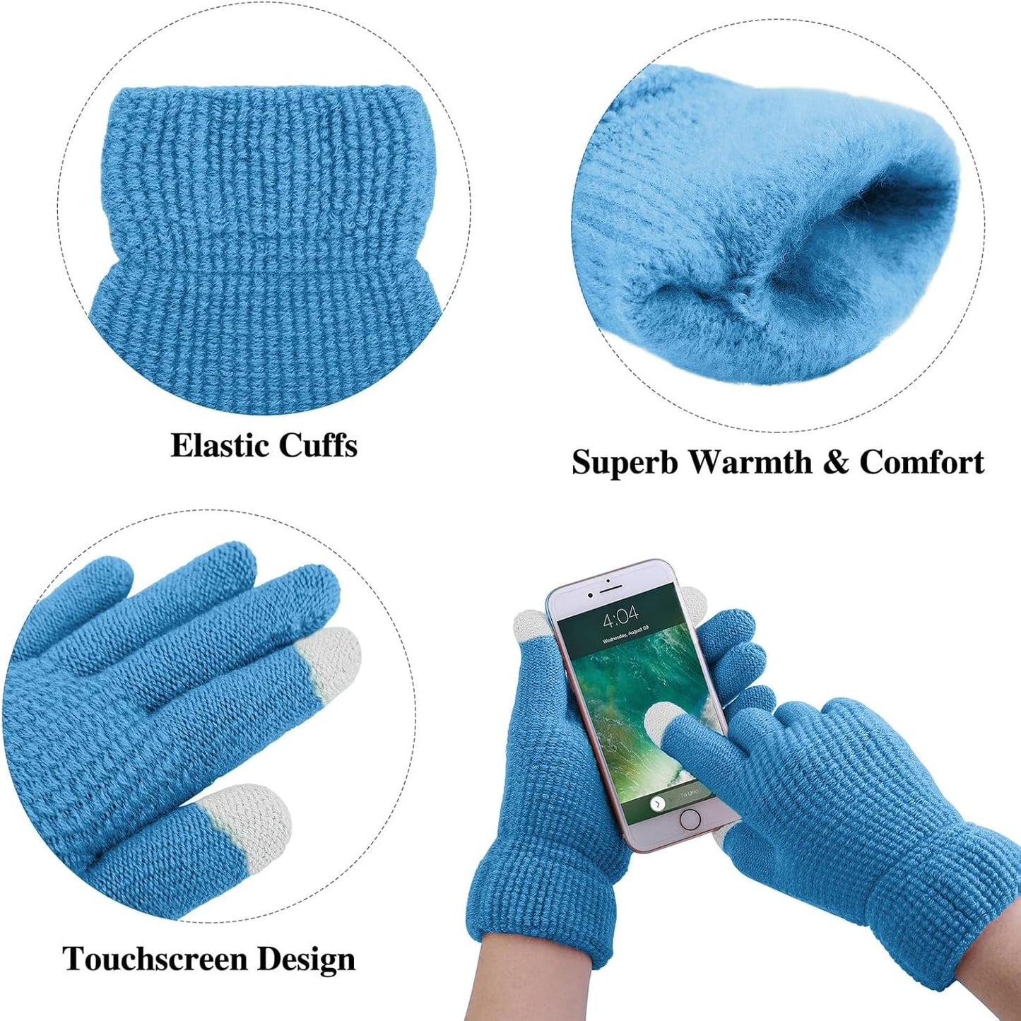 Cozy Women's Winter Set: Knitted Beanie with Fur Pompoms, Loop Scarf & Touch Screen Gloves