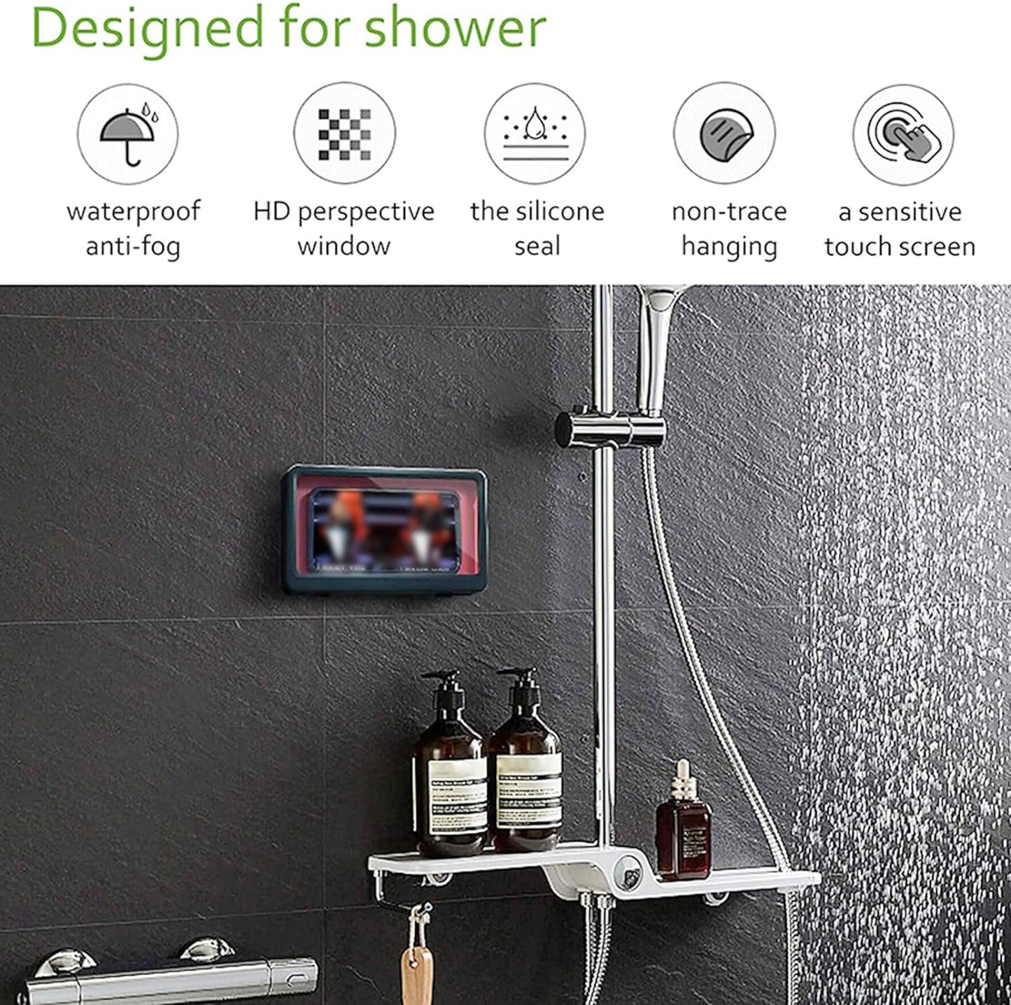 Waterproof Wall-Mounted Shower Phone Holder with Anti-Fog Mirror and Touch Screen Compatibility (Geek Blue)