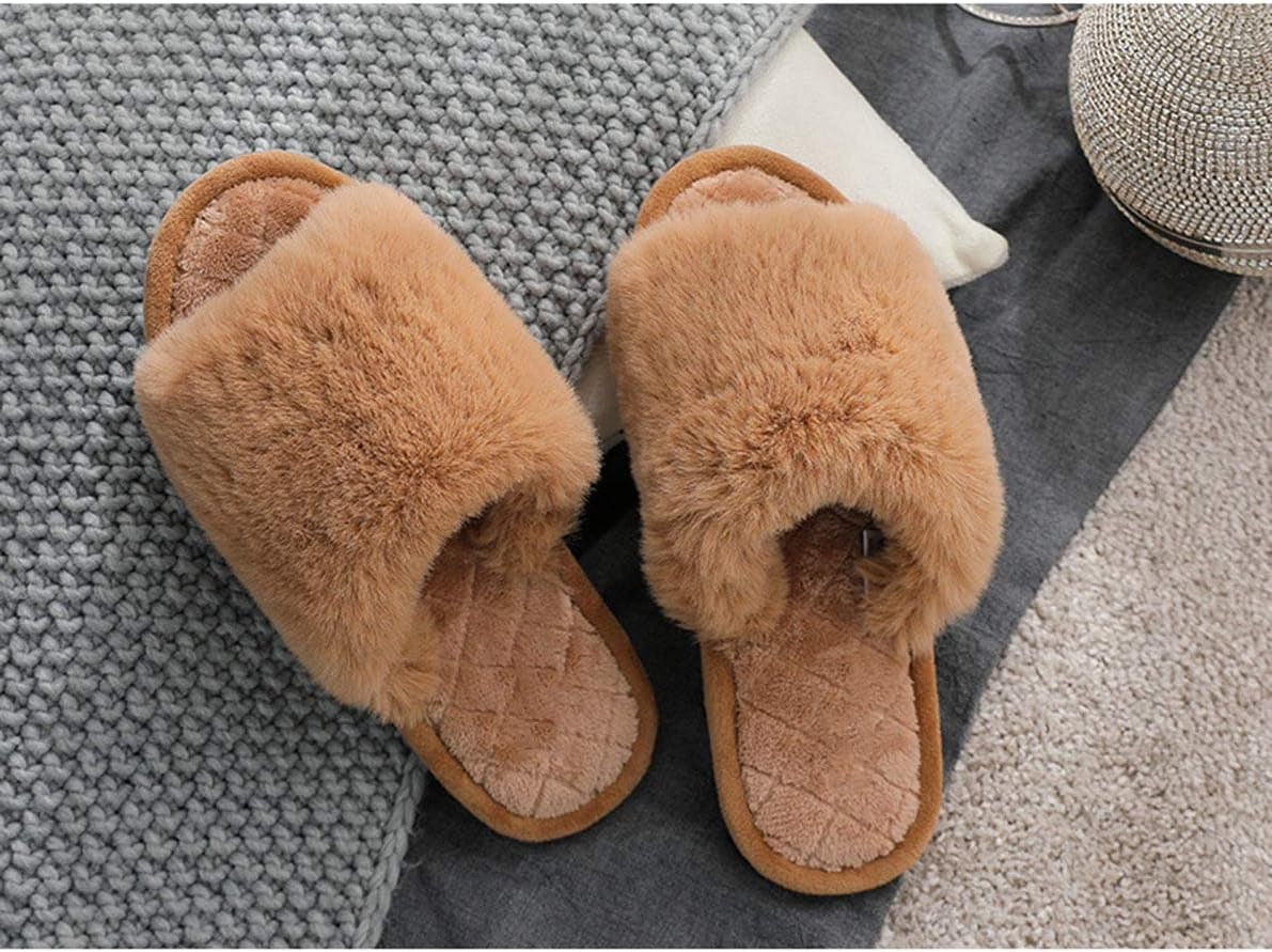 Cozy Fuzzy Fur Open Toe Slippers - Soft Memory Foam Slides for Indoor & Outdoor Comfort