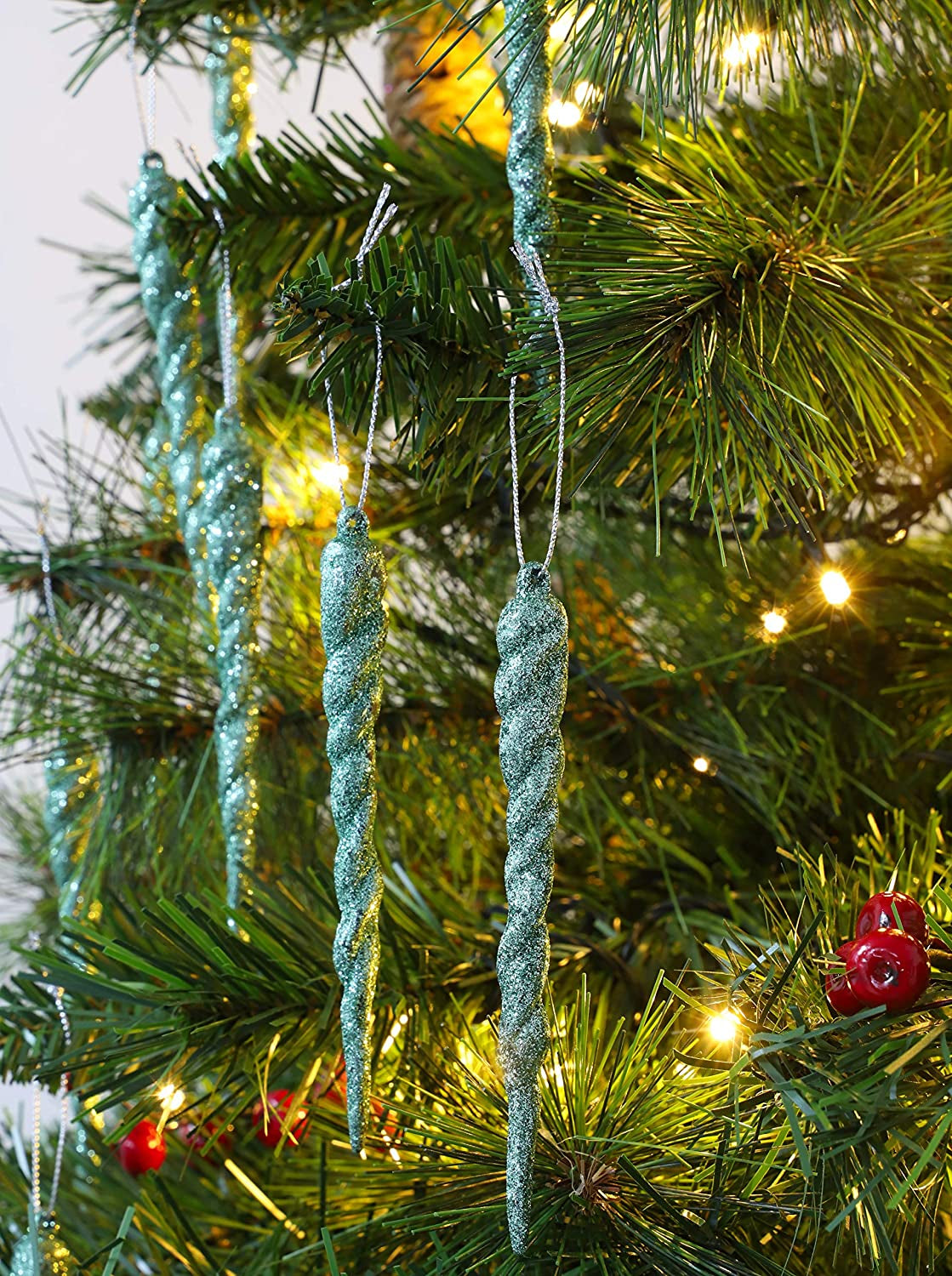 Luxury Mint Green Glitter Icicle Decorations - 12cm Christmas Tree Trims, Pack of 20