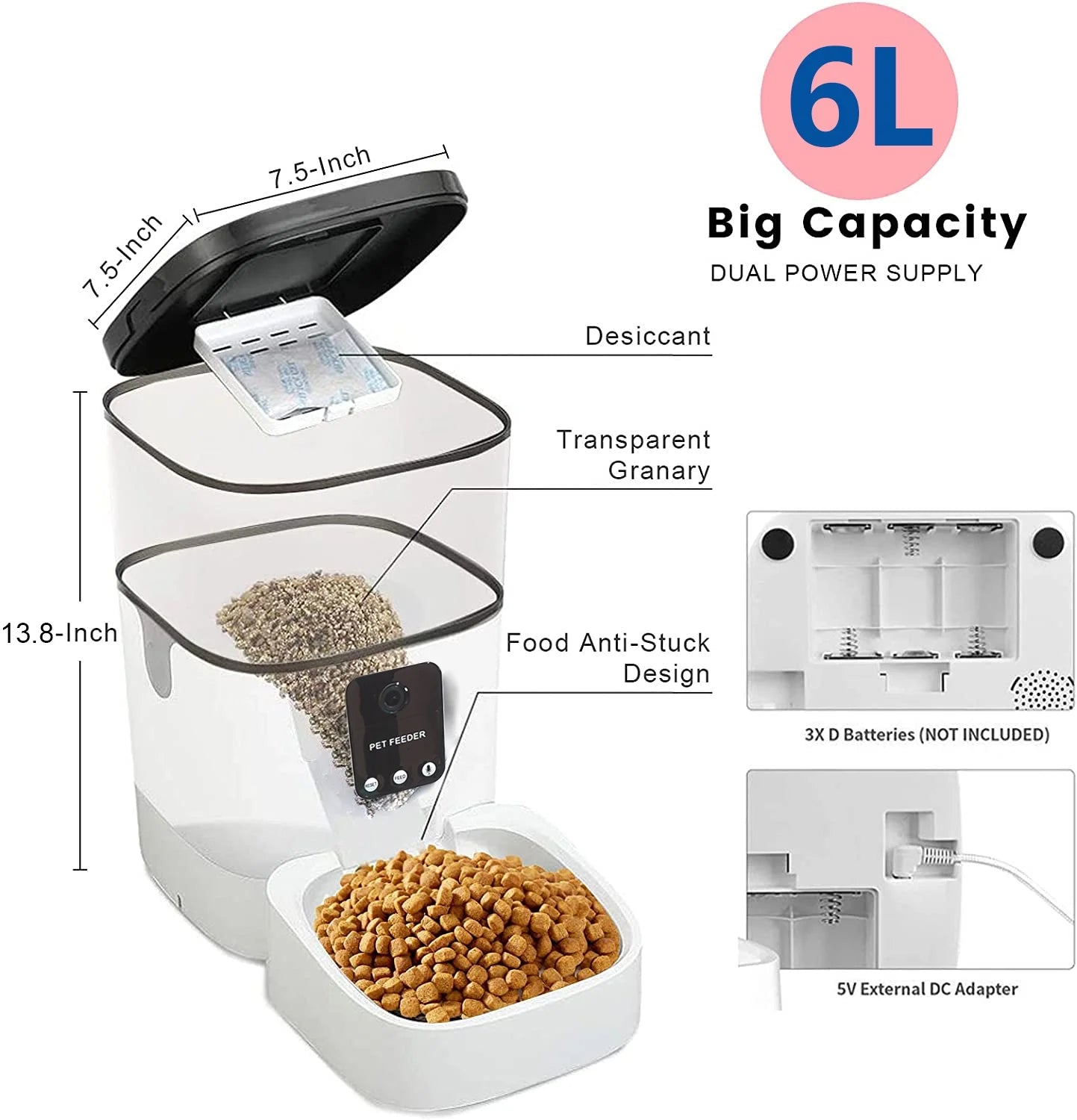 Smart 6L Automatic Pet Feeder with 1080P Camera & App Control - Timed Feeding for Cats & Dogs, Voice Recorder, Dual Power Supply, WiFi Enabled