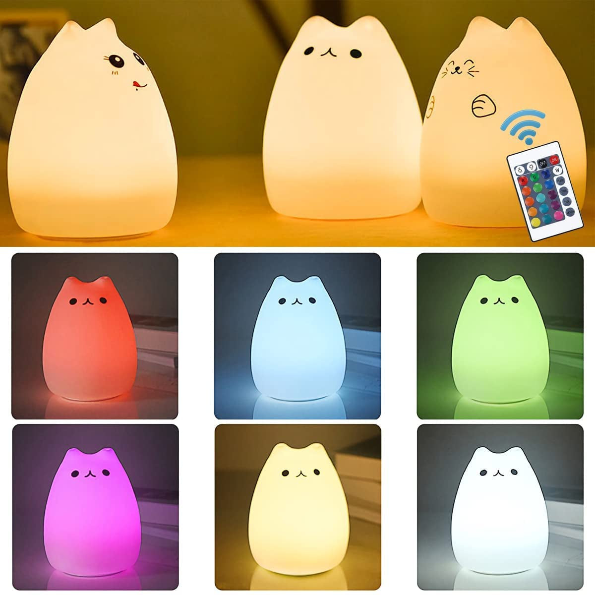 Remote-Controlled Silicone Cat Night Light - Rechargeable Kawaii Design for Kids and Toddlers, White, Set of 4