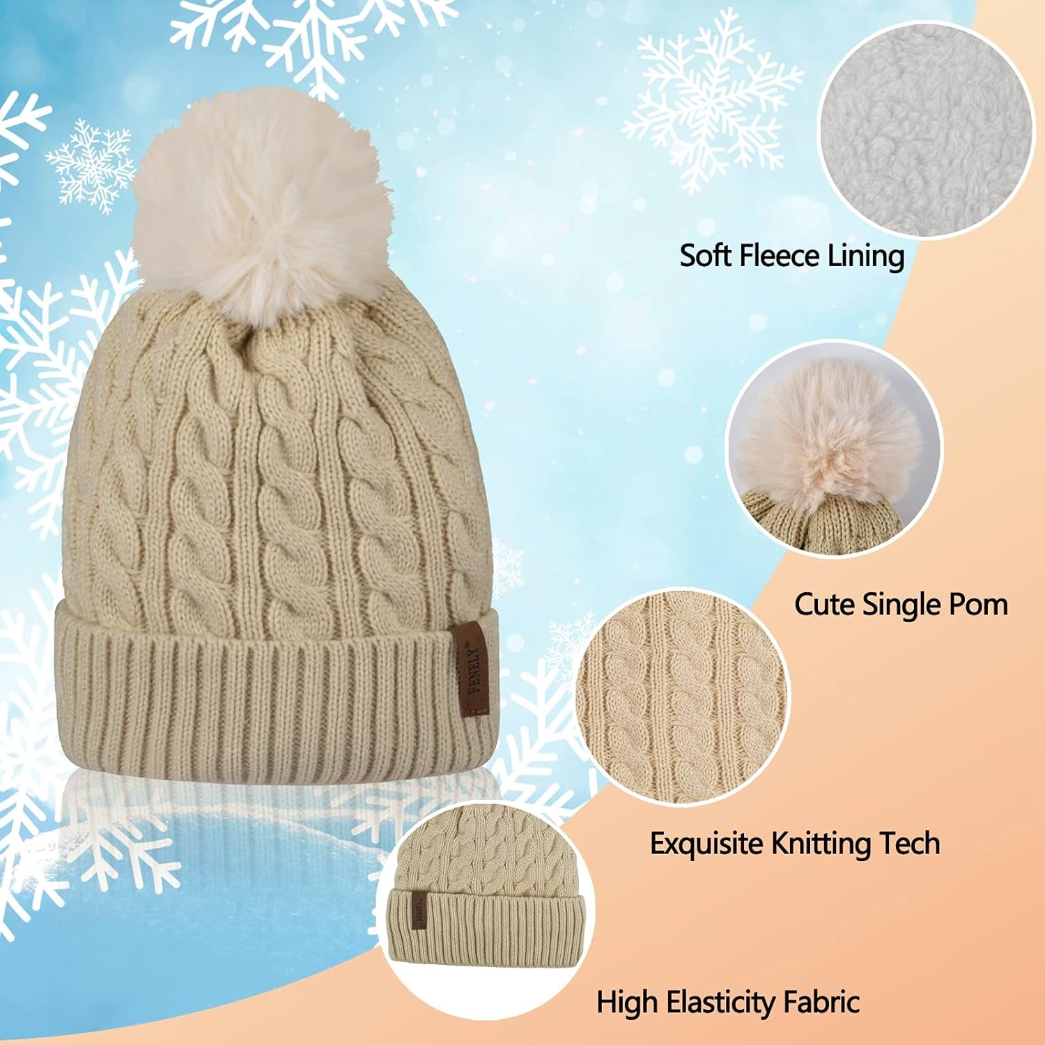 Winter Women's 3-Piece Beanie Hat, Scarf, and Touchscreen Gloves Set - Classic Knit, Warm Chunky Fleece-Lined Cable Cap