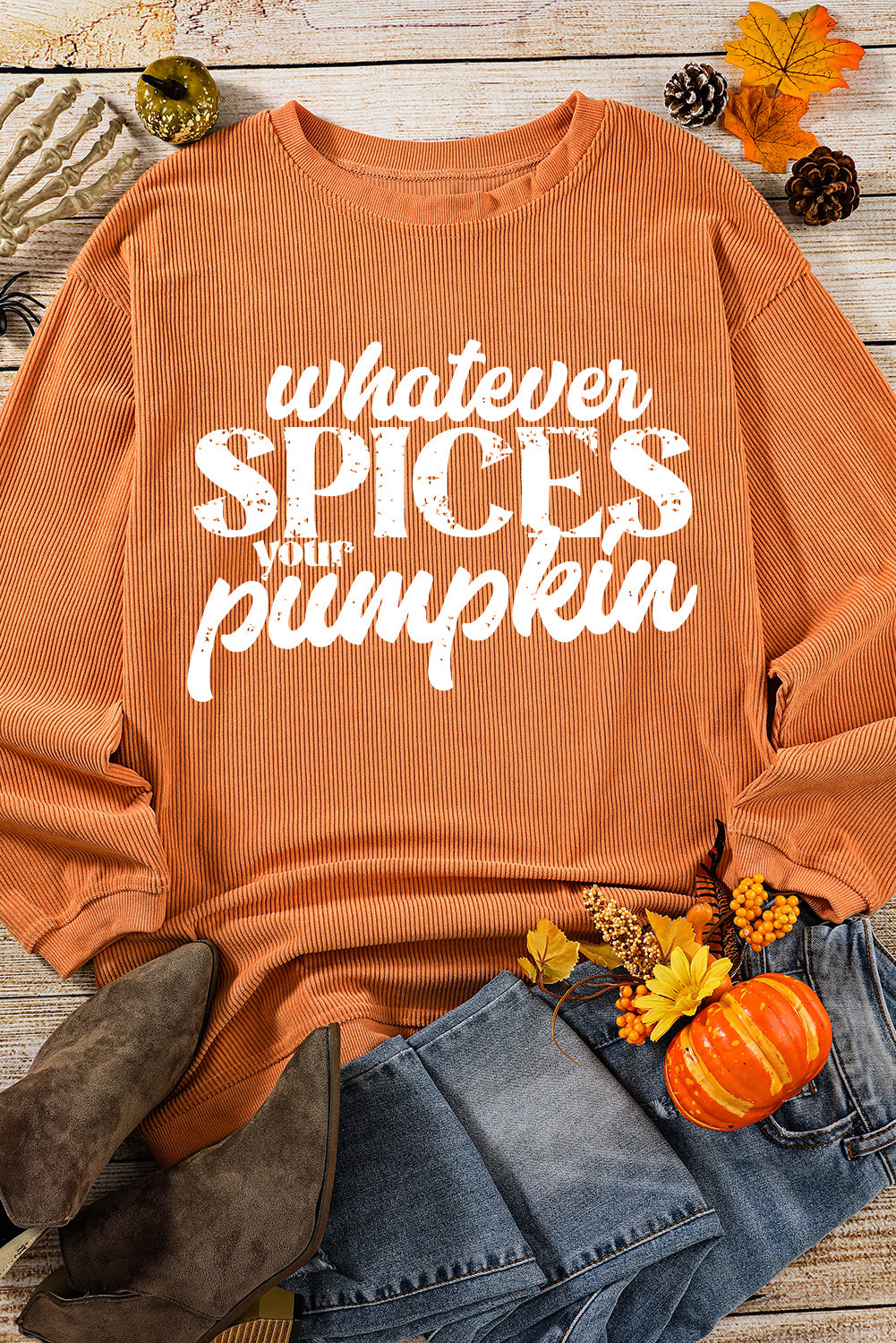 Orange Whatever Spices Your Pumpkin Graphic Corded Pullover Sweatshirt