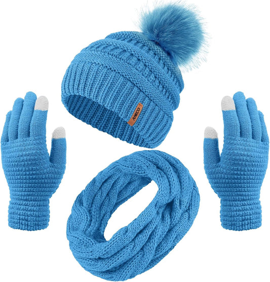 Cozy Women's Winter Set: Knitted Beanie with Fur Pompoms, Loop Scarf & Touch Screen Gloves