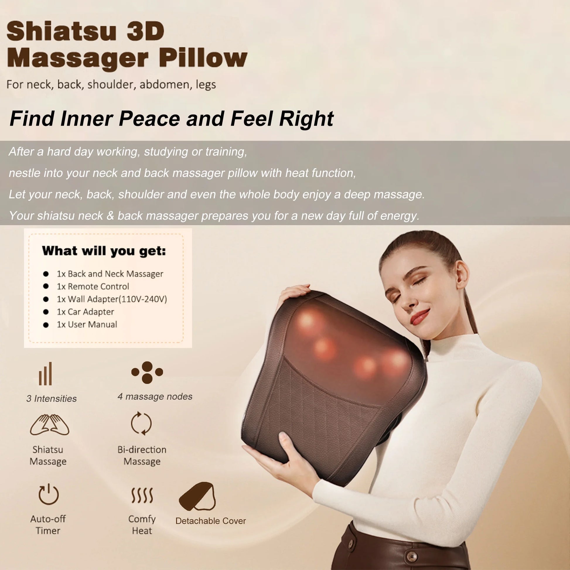 Shiatsu Neck Massager Pillow - Heated Deep Tissue Back Massager with Vibration for Ultimate Pain Relief - Stylish Brown Design