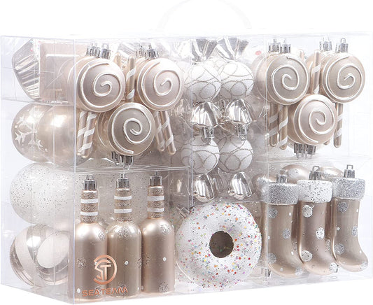 80-Piece Assorted Shatterproof Christmas Ornament Set with Reusable Gift Packaging - Champagne