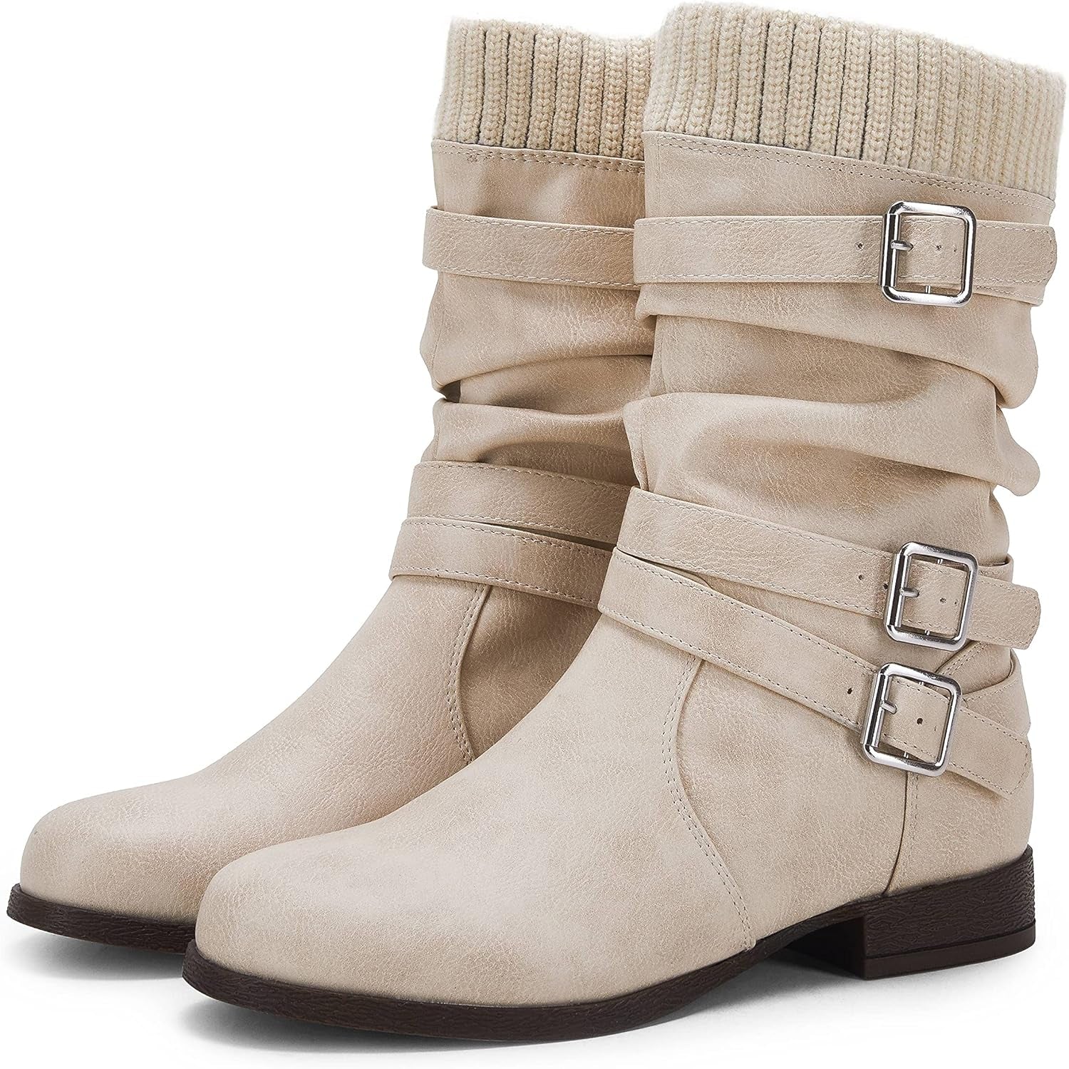 Chic Women's Slouchy Mid Calf Buckle Strap Booties - Faux Leather Winter Riding Boots with Low Chunky Heel